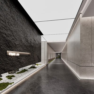  现代过道 办公走廊su模型 