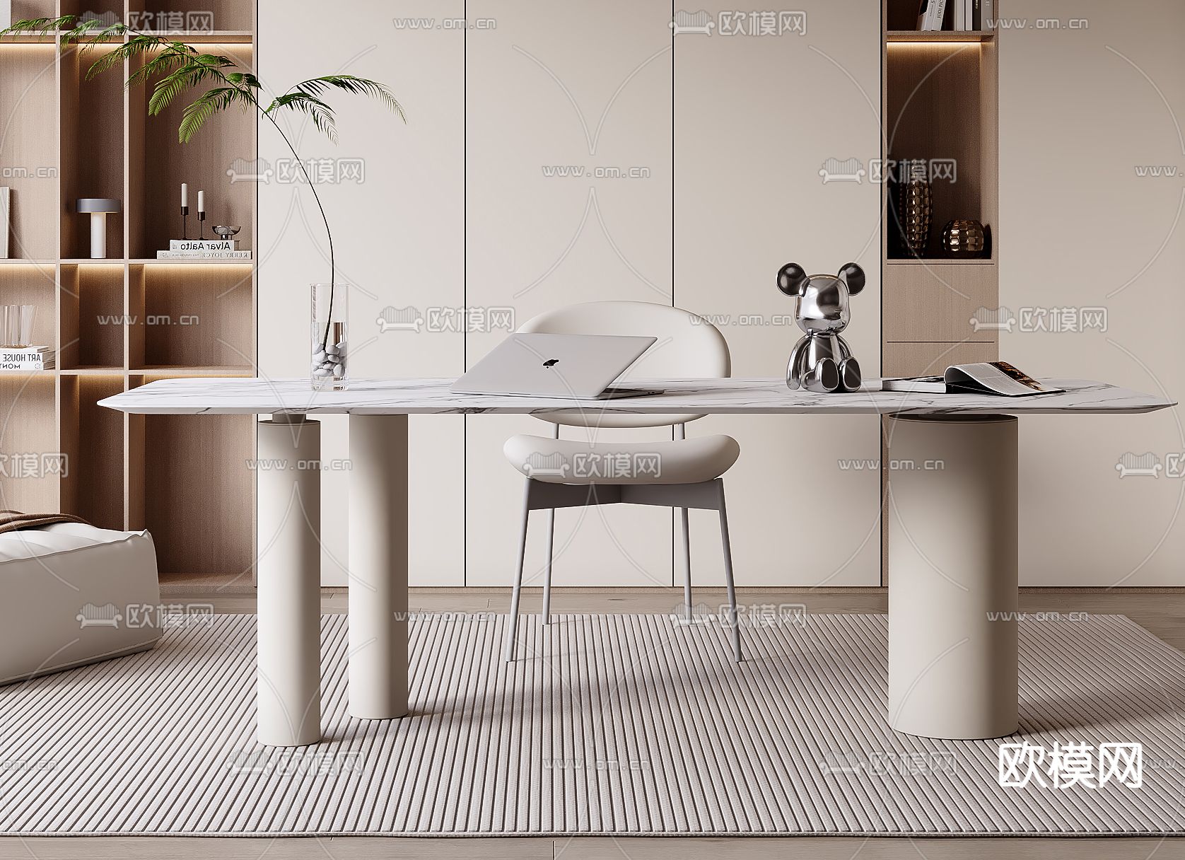 奶油风书桌 写字台 电脑桌3d模型下载