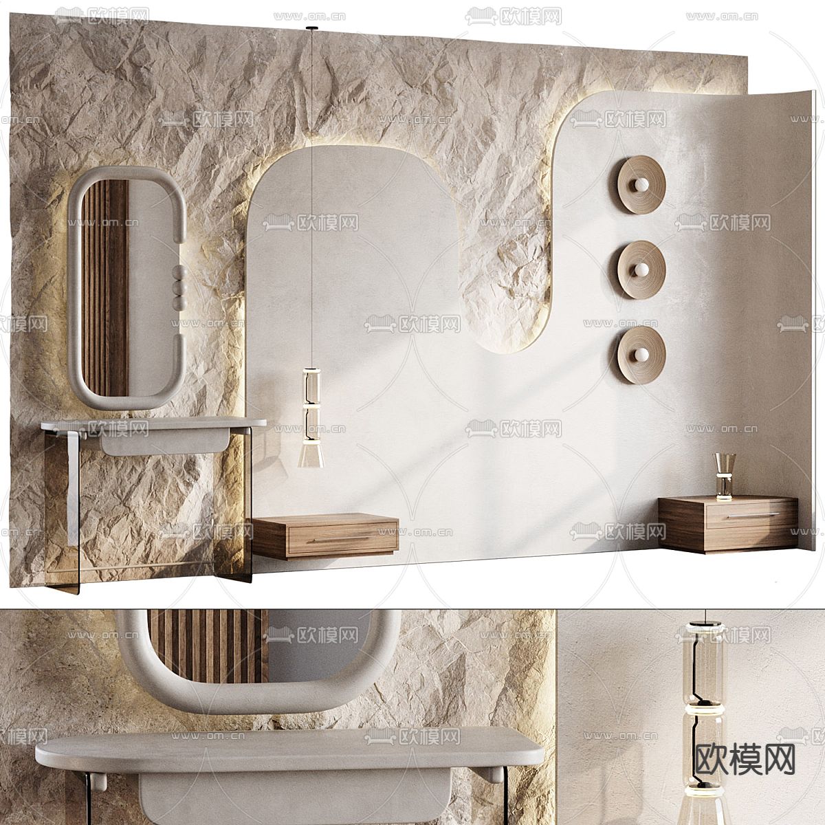 侘寂背景墙 床头背景3d模型下载（渲染图1）