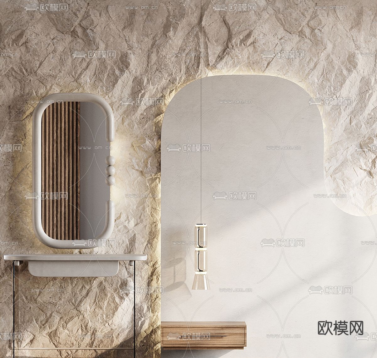 侘寂背景墙 床头背景3d模型下载（渲染图2）