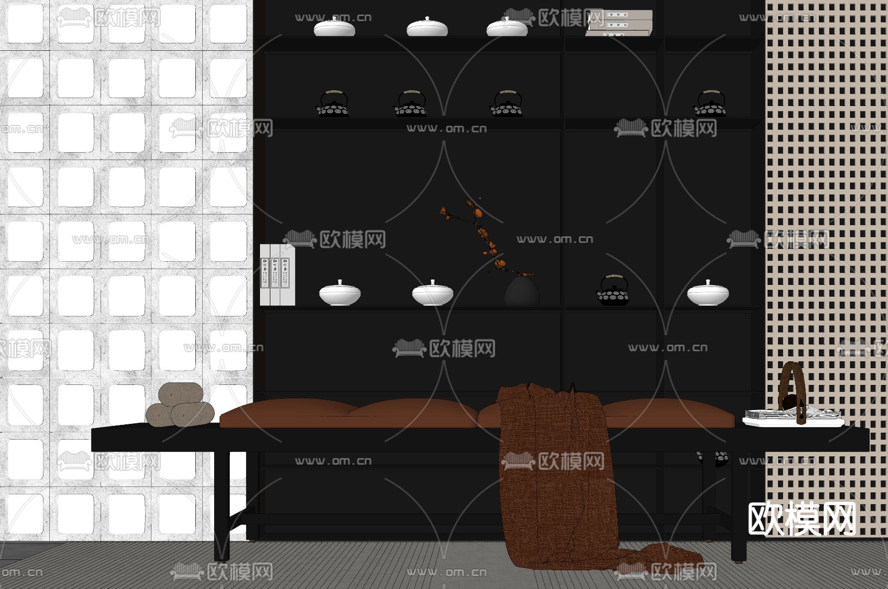 新中式沙发凳 床尾凳su模型下载（渲染图1）