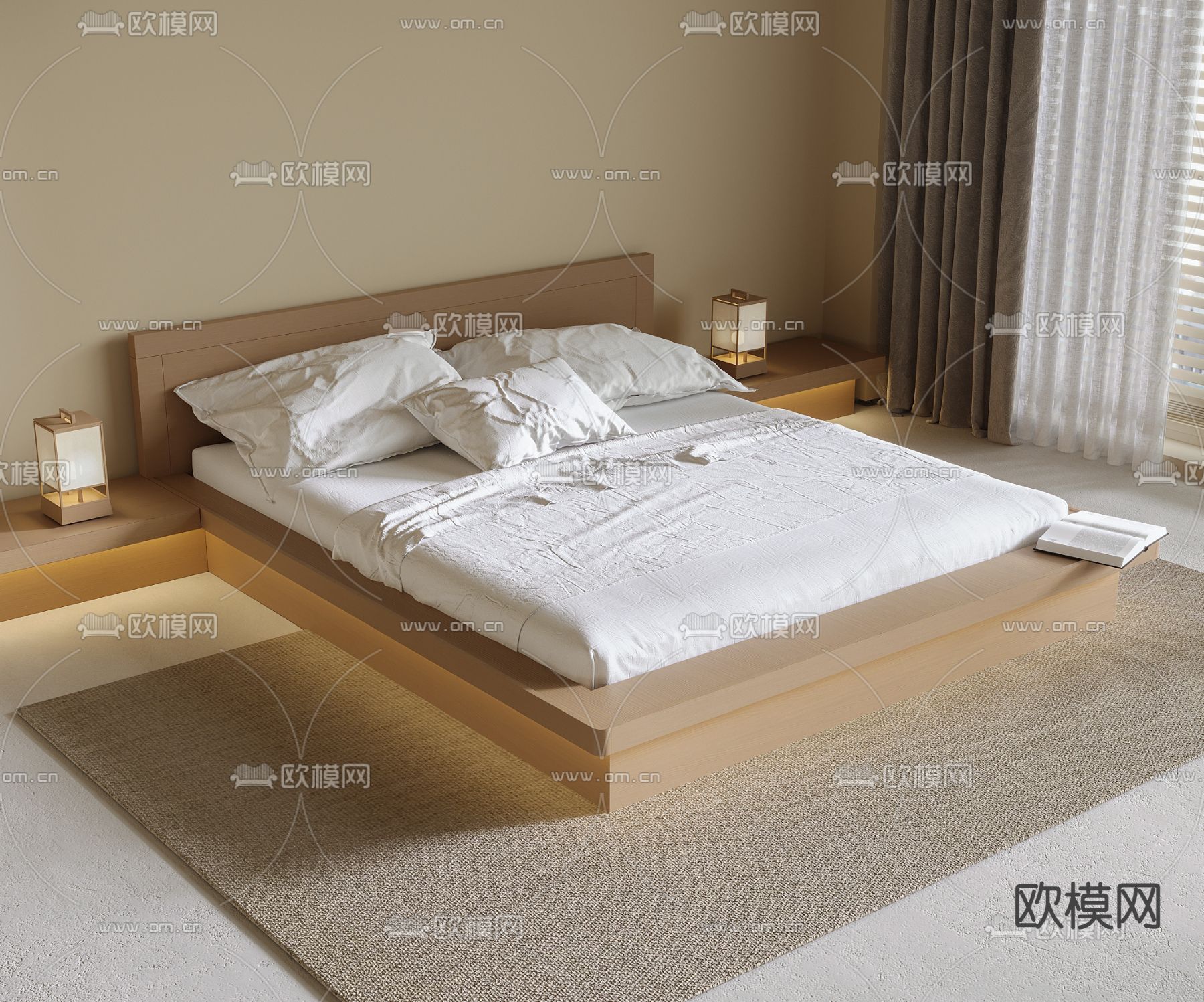 日式双人床3d模型下载