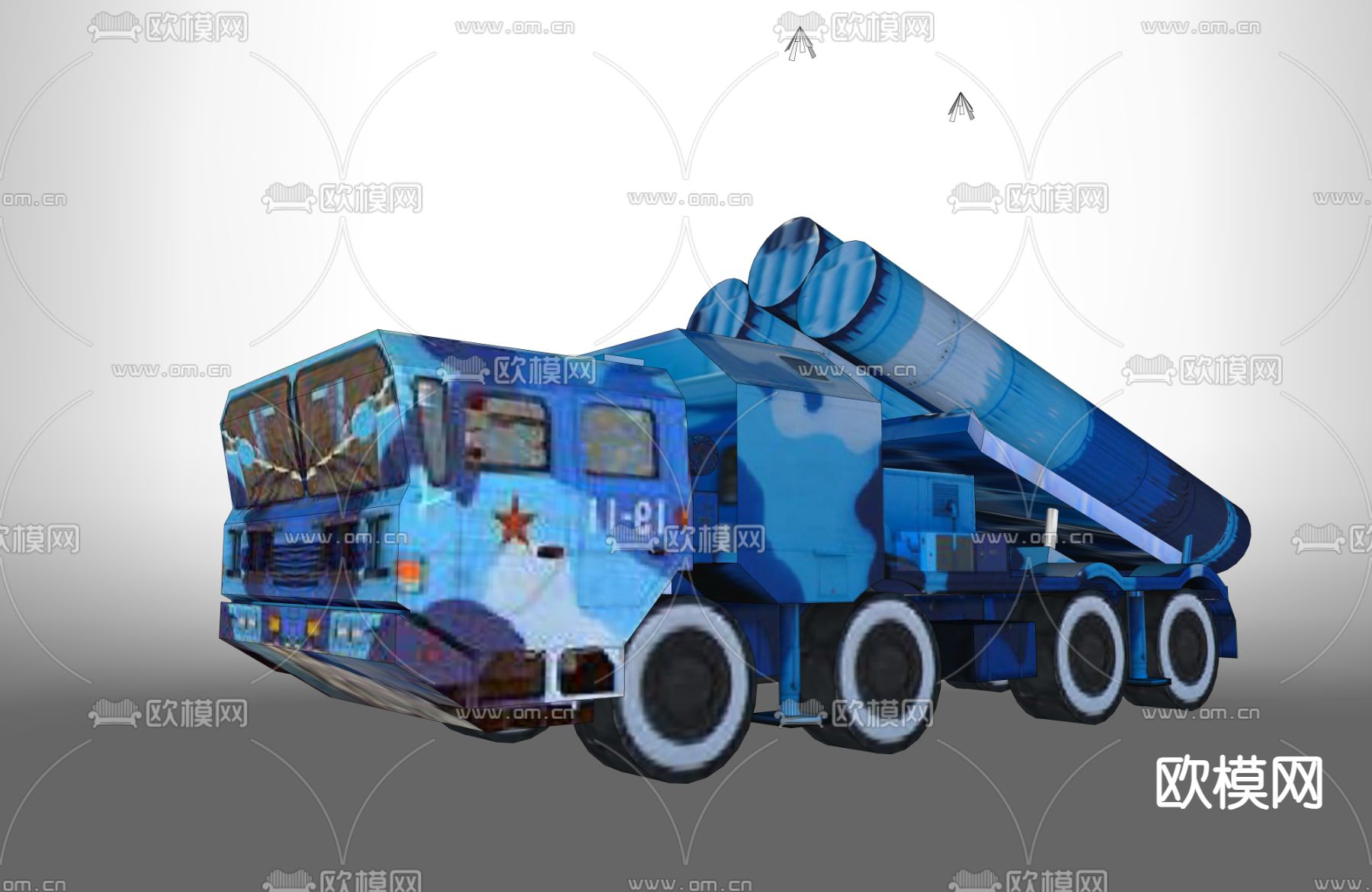 军事红旗蓝色导弹发射车su模型下载（渲染图1）