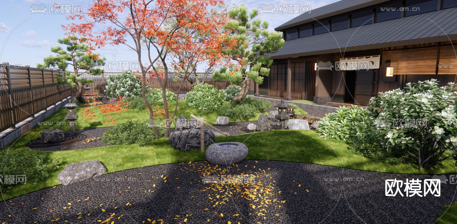 日式庭院景观 枯山水景观su模型下载（渲染图5）