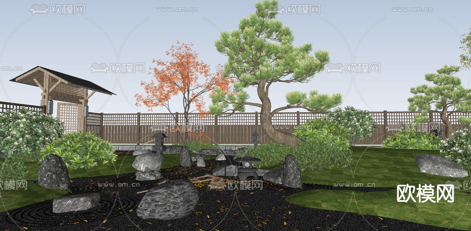 日式庭院景观 枯山水景观su模型下载（渲染图1）