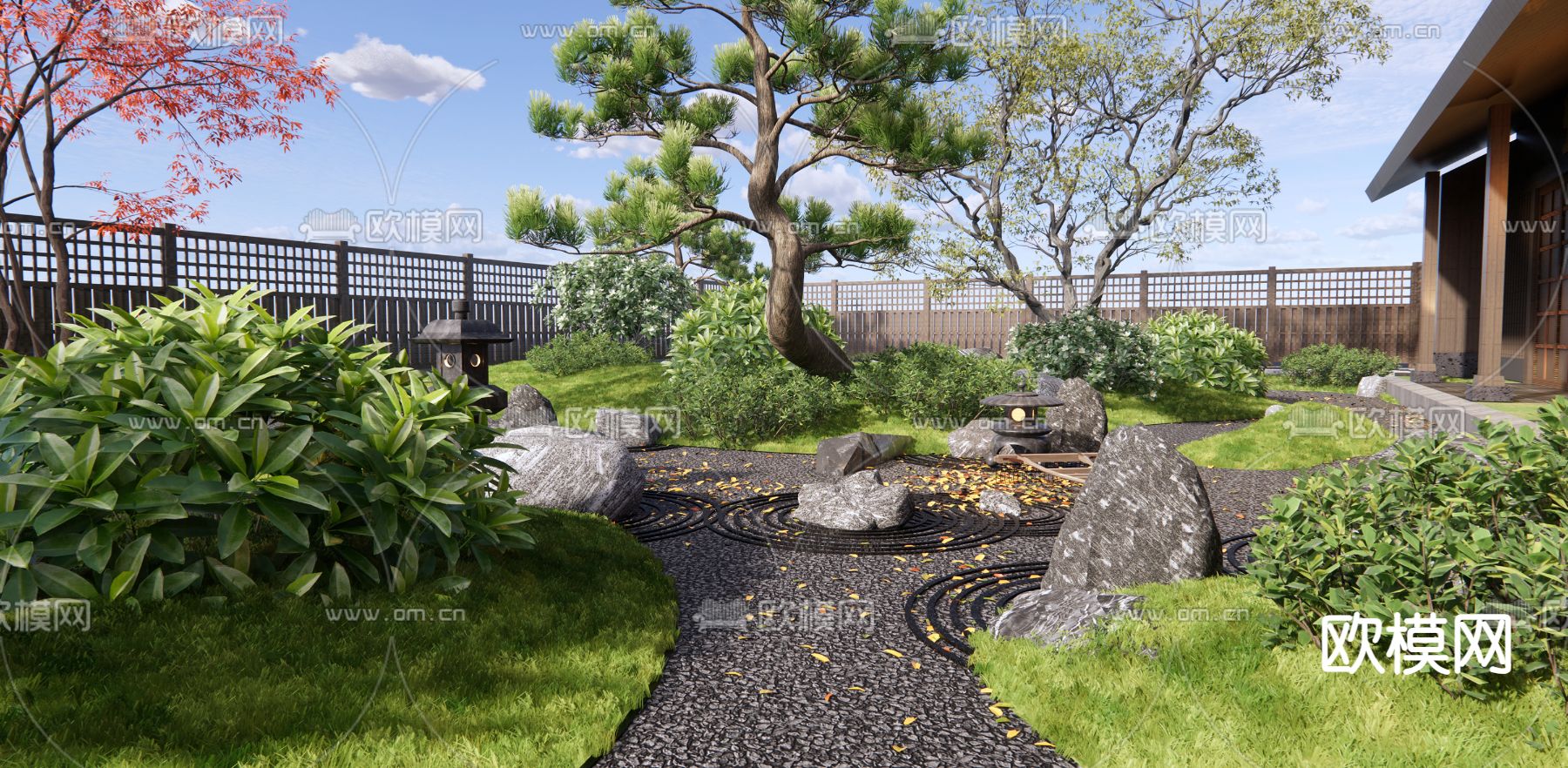 日式庭院景观 枯山水景观su模型下载（渲染图2）
