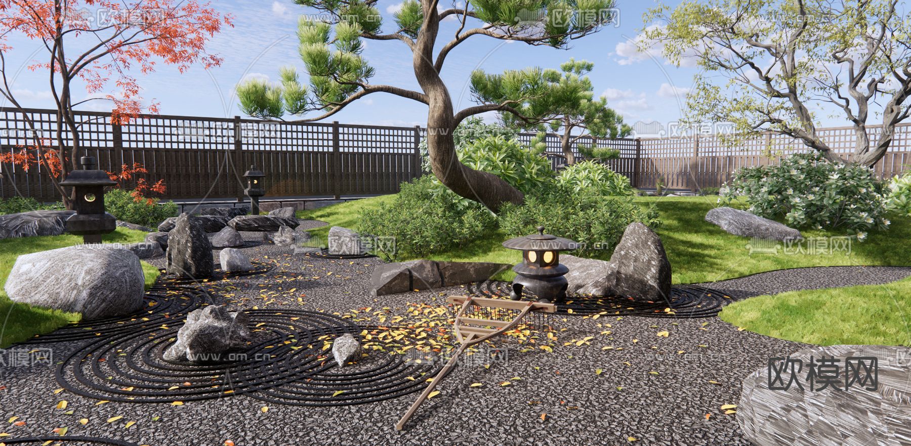 日式庭院景观 枯山水景观su模型下载（渲染图3）