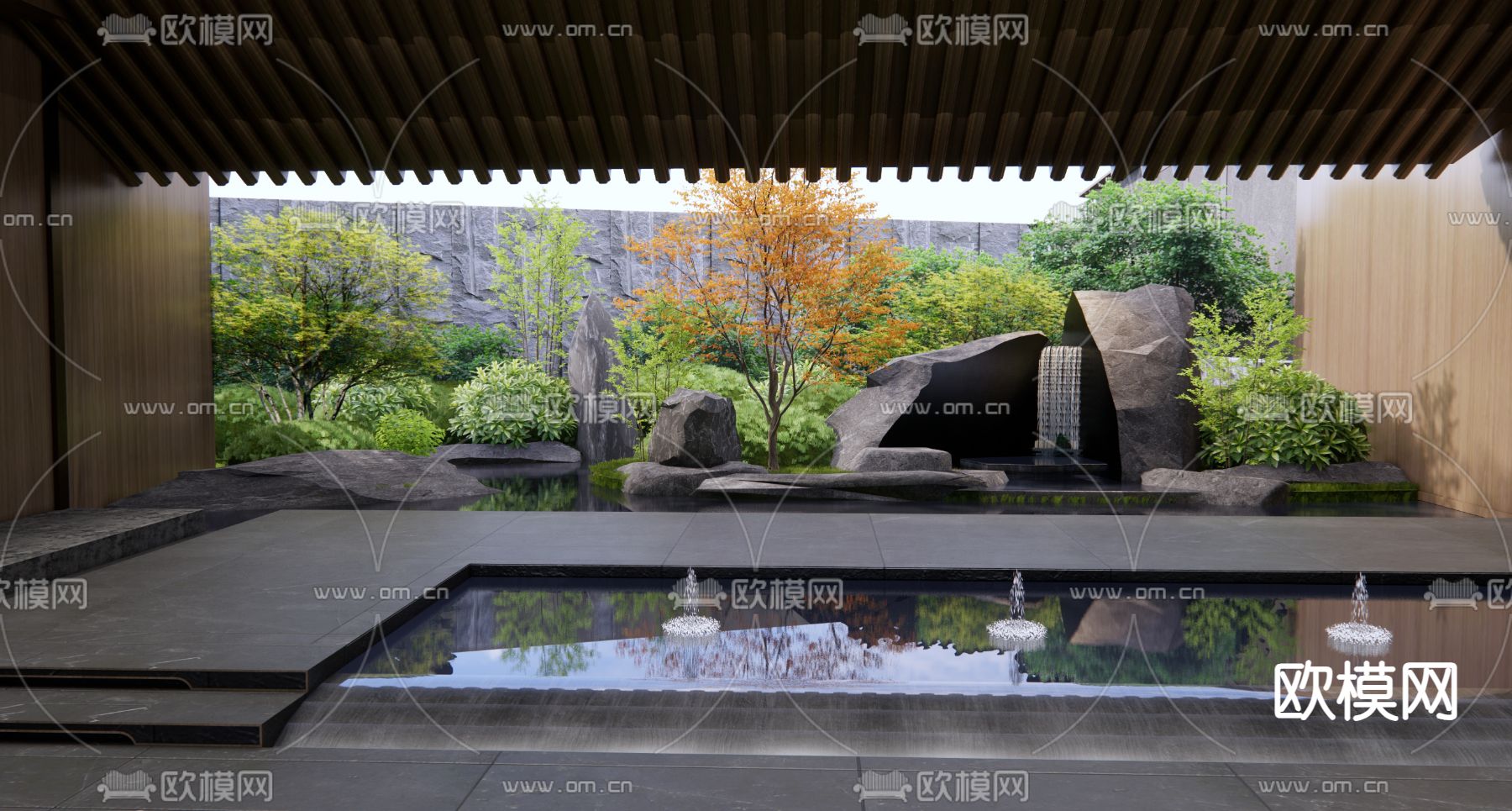 天井花园 假山水景 跌水景观3d模型下载（渲染图1）
