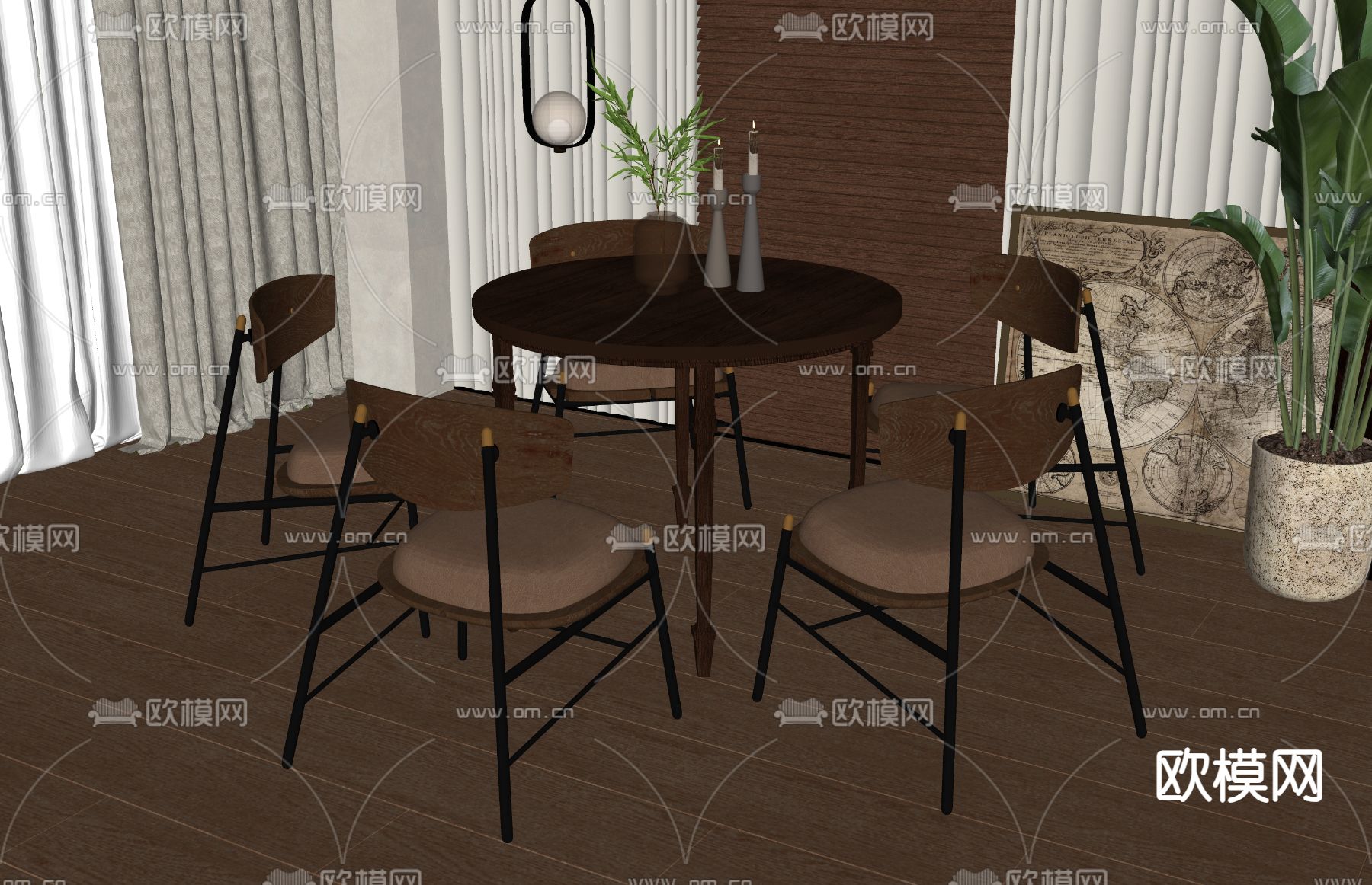 美式餐桌椅su模型下载（渲染图1）