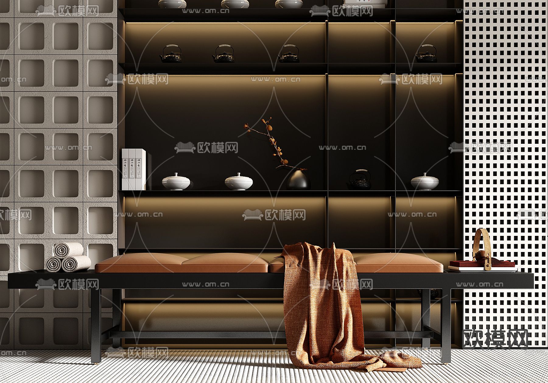 新中式沙发凳 床尾凳su模型下载（渲染图2）