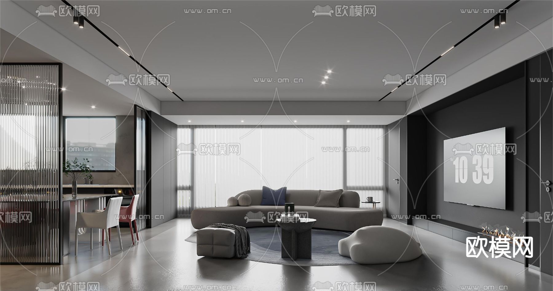 高级灰客厅 餐厅3d模型下载（渲染图3）