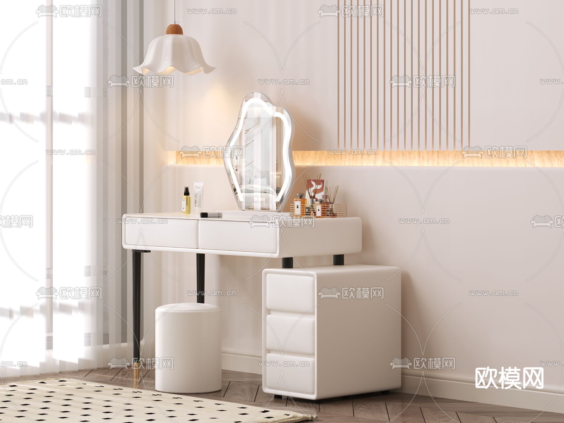奶油风梳妆台 化妆桌3d模型下载（渲染图3）