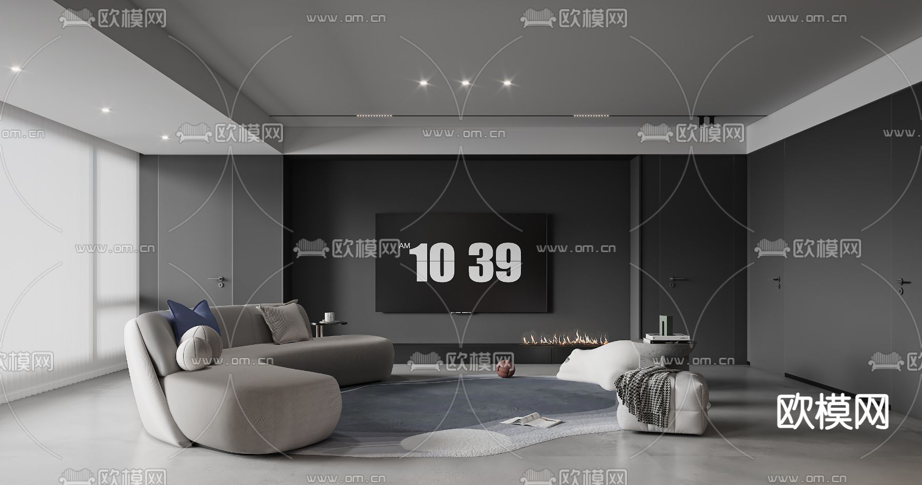 高级灰客厅 餐厅3d模型下载（渲染图2）