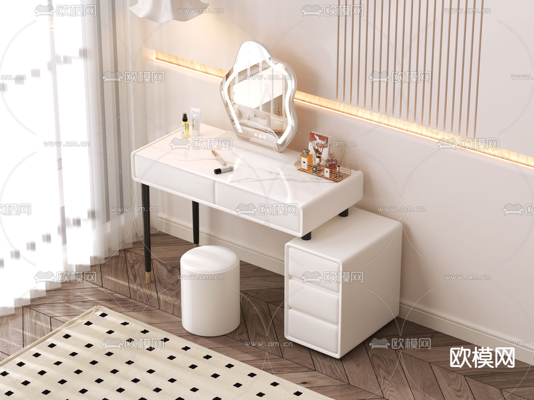 奶油风梳妆台 化妆桌3d模型下载（渲染图2）