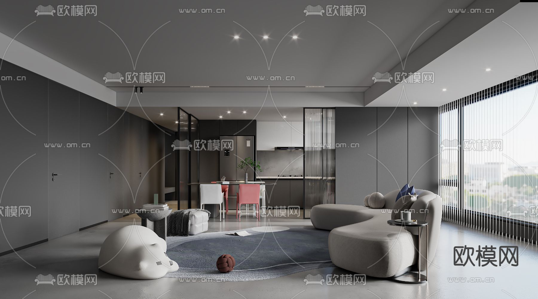 高级灰客厅 餐厅3d模型下载（渲染图1）