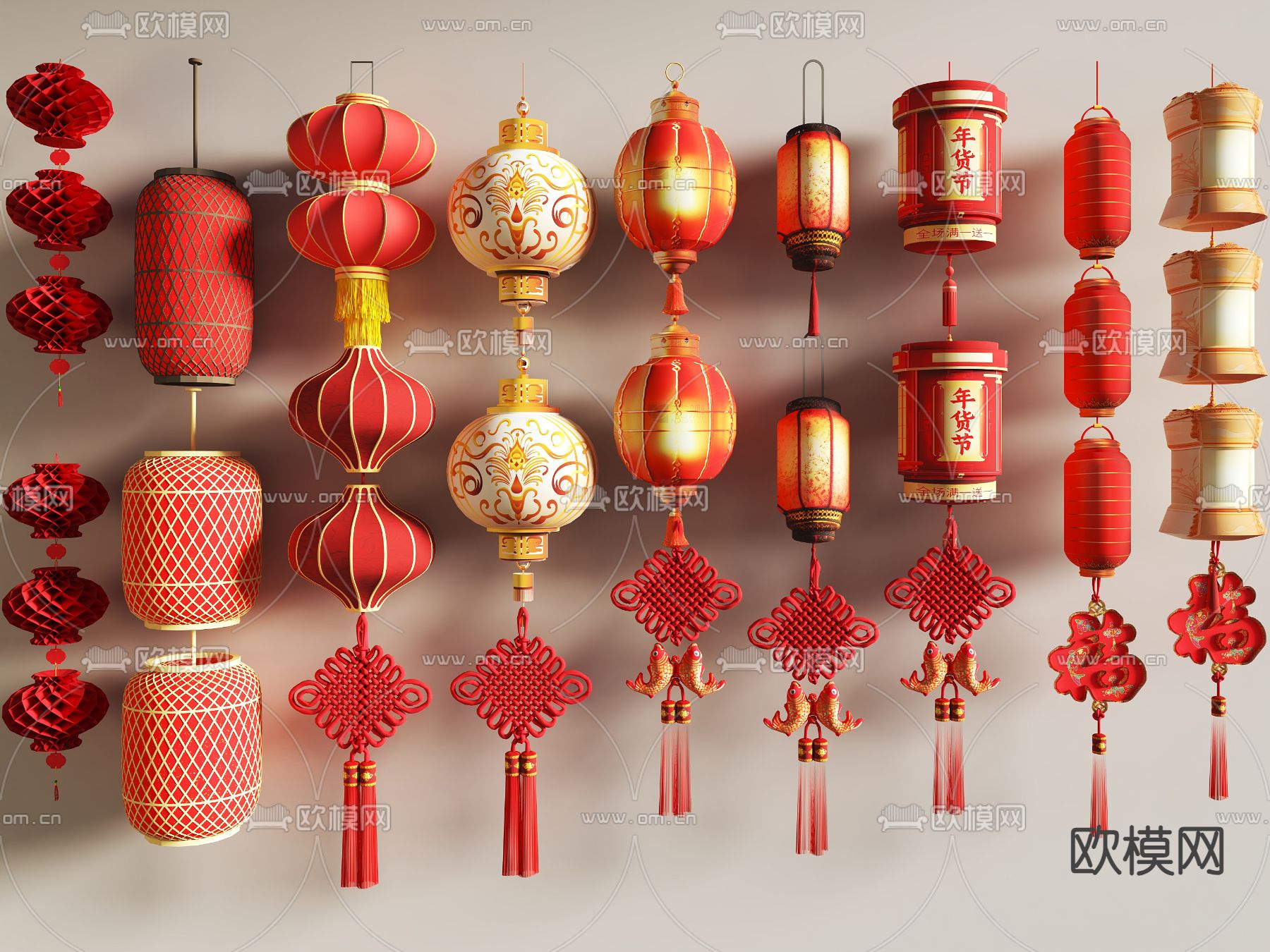 中式红灯笼 彩灯 中国结3d模型下载