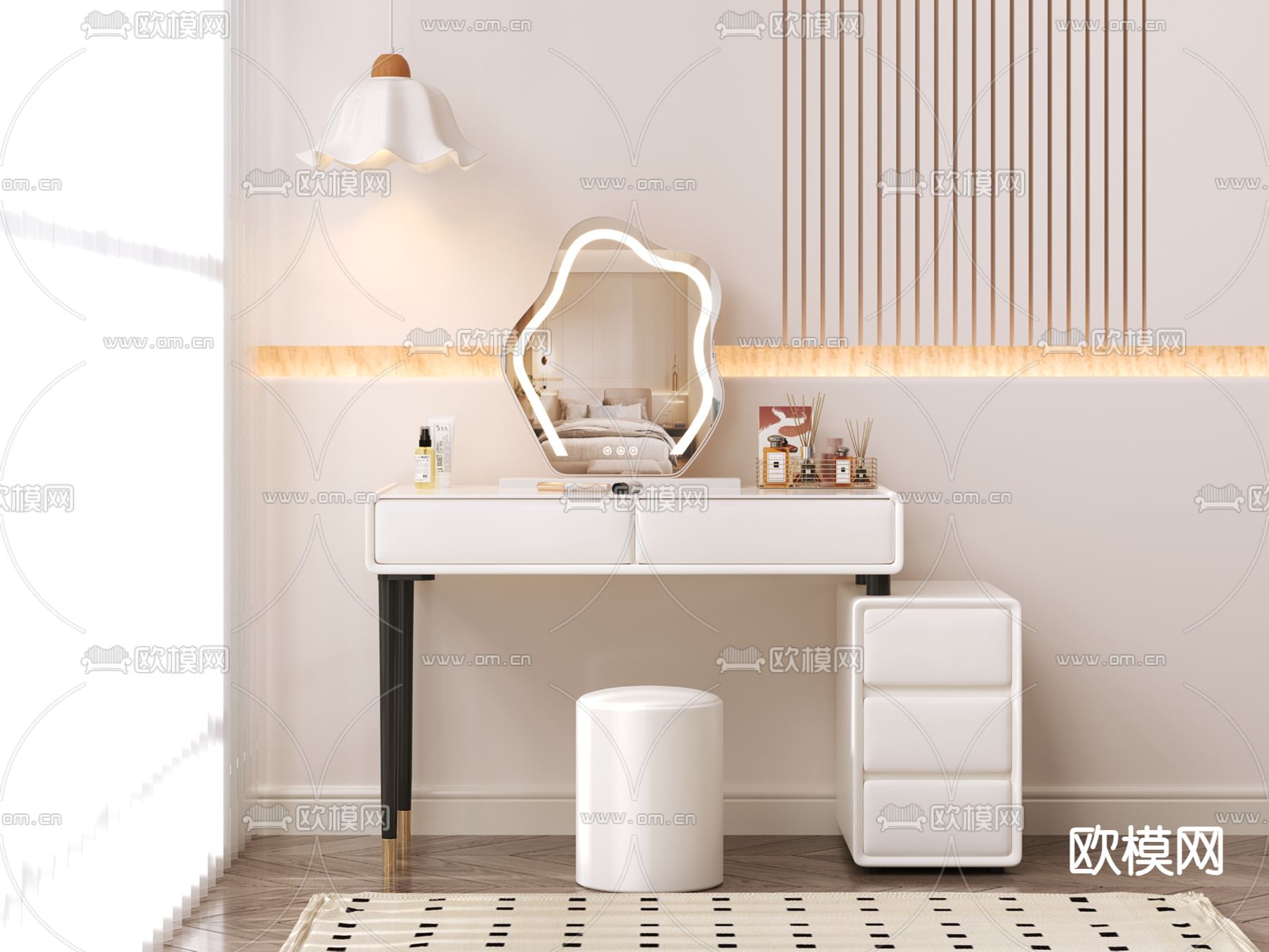 奶油风梳妆台 化妆桌3d模型下载（渲染图1）