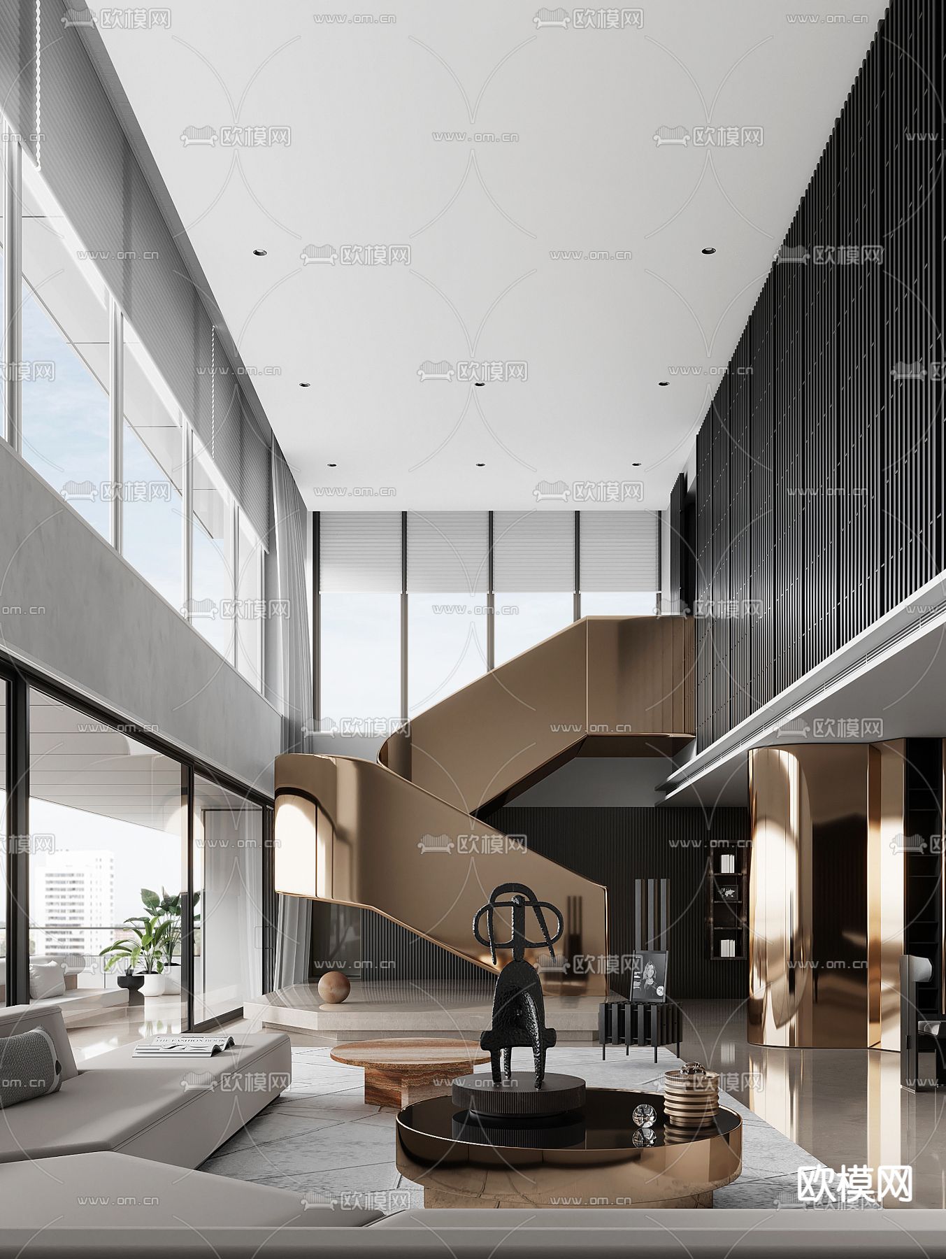 澍田设计 高级灰别墅客厅3d模型下载