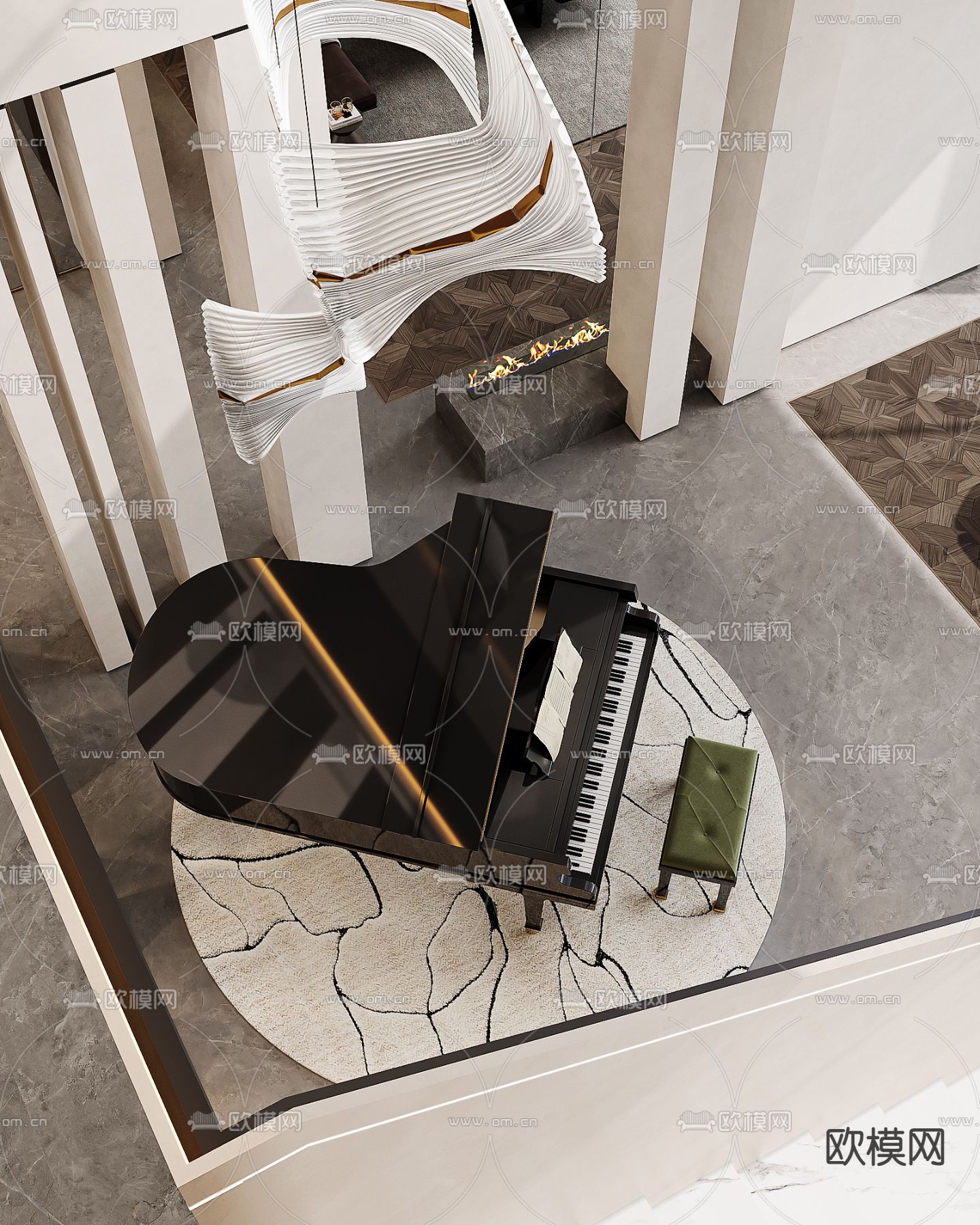 别墅客厅 别墅中空3d模型下载（渲染图3）