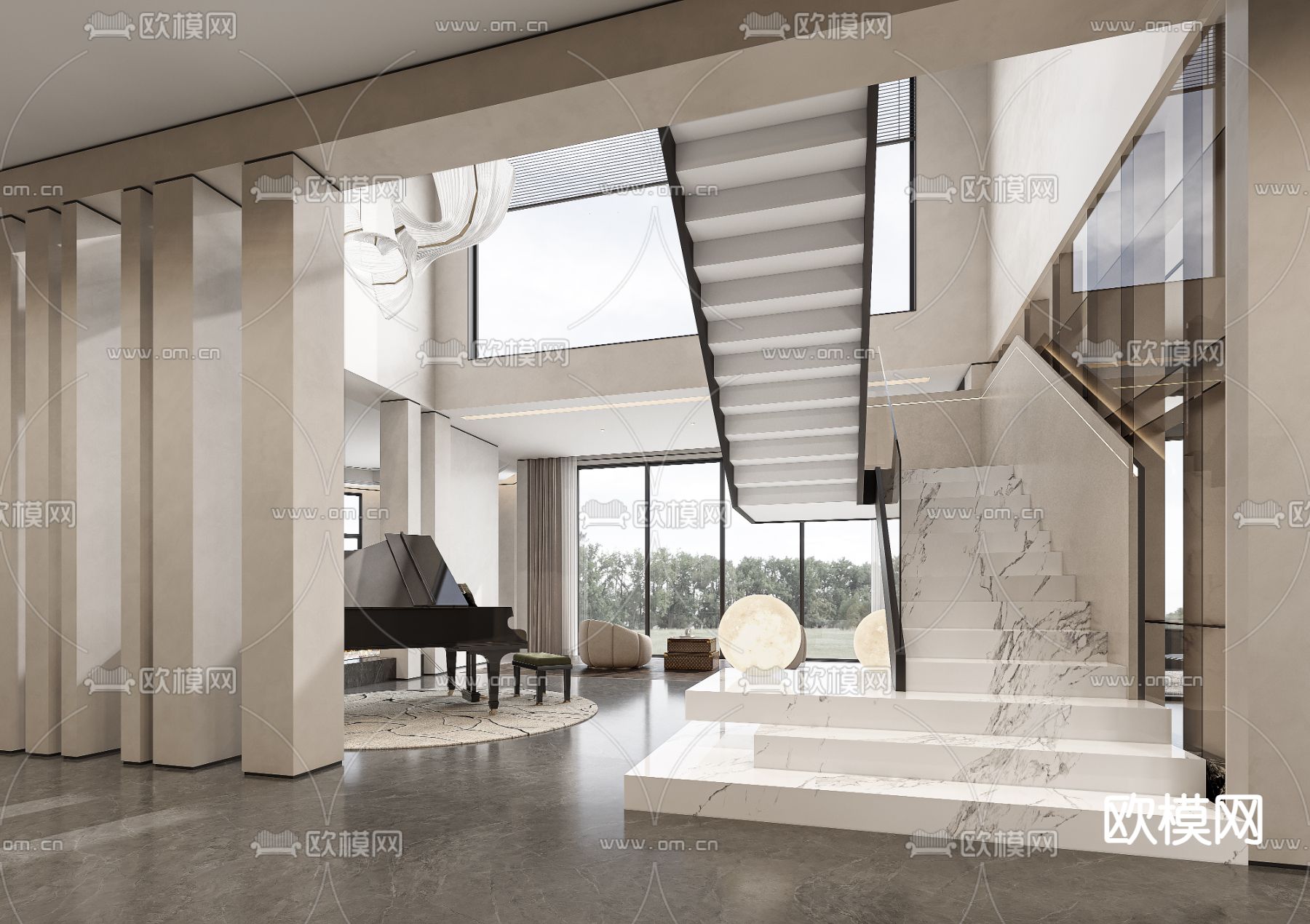 别墅客厅 别墅中空3d模型下载（渲染图4）