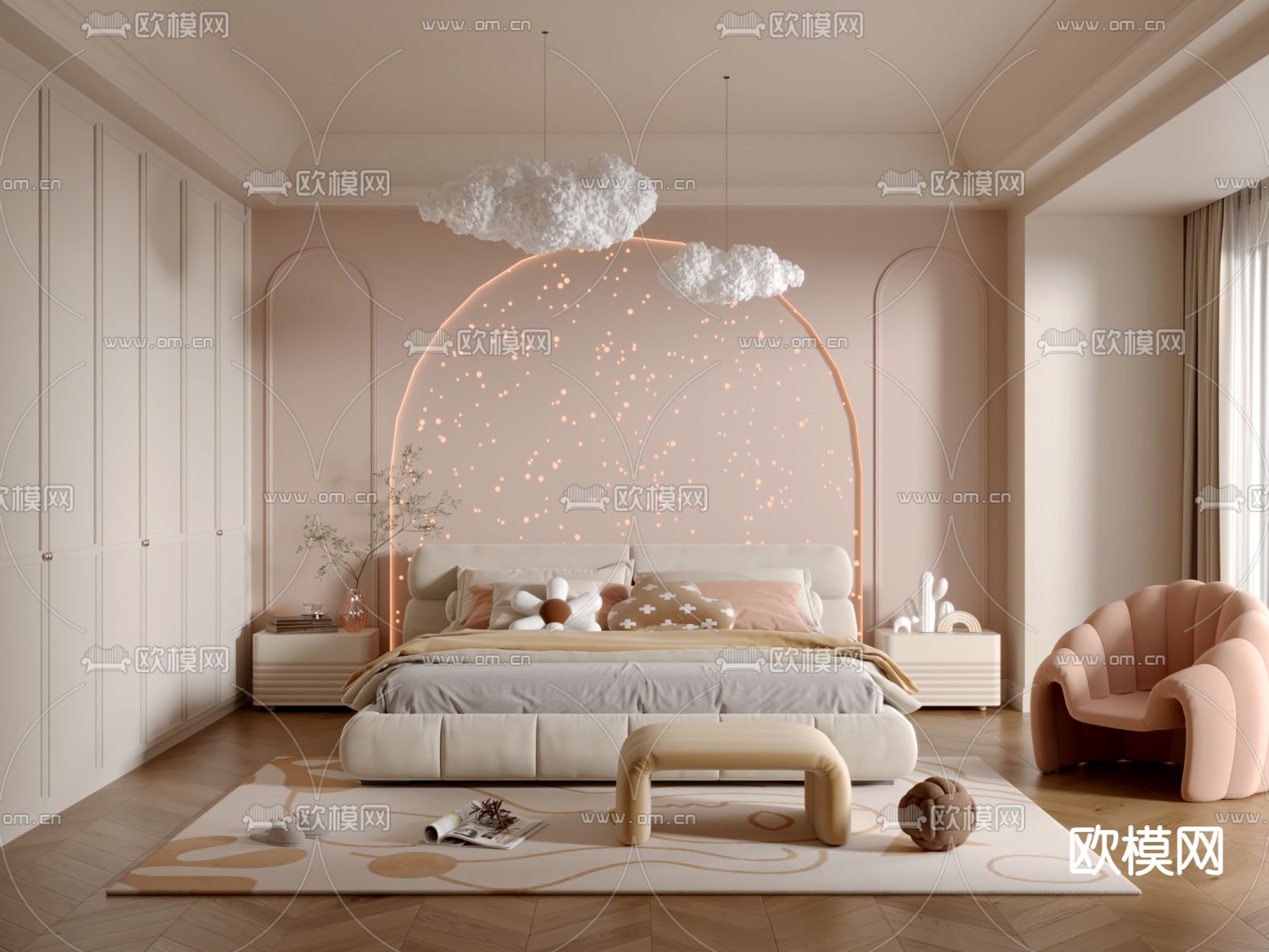 奶油风儿童房 女孩房 小孩房3d模型下载（渲染图1）