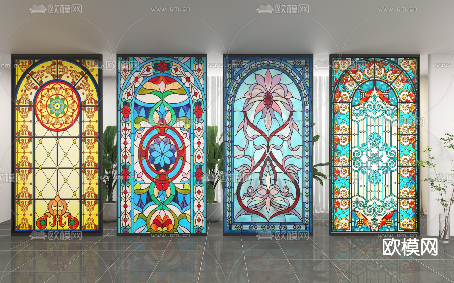 法式玻璃屏风 彩绘隔断3d模型下载