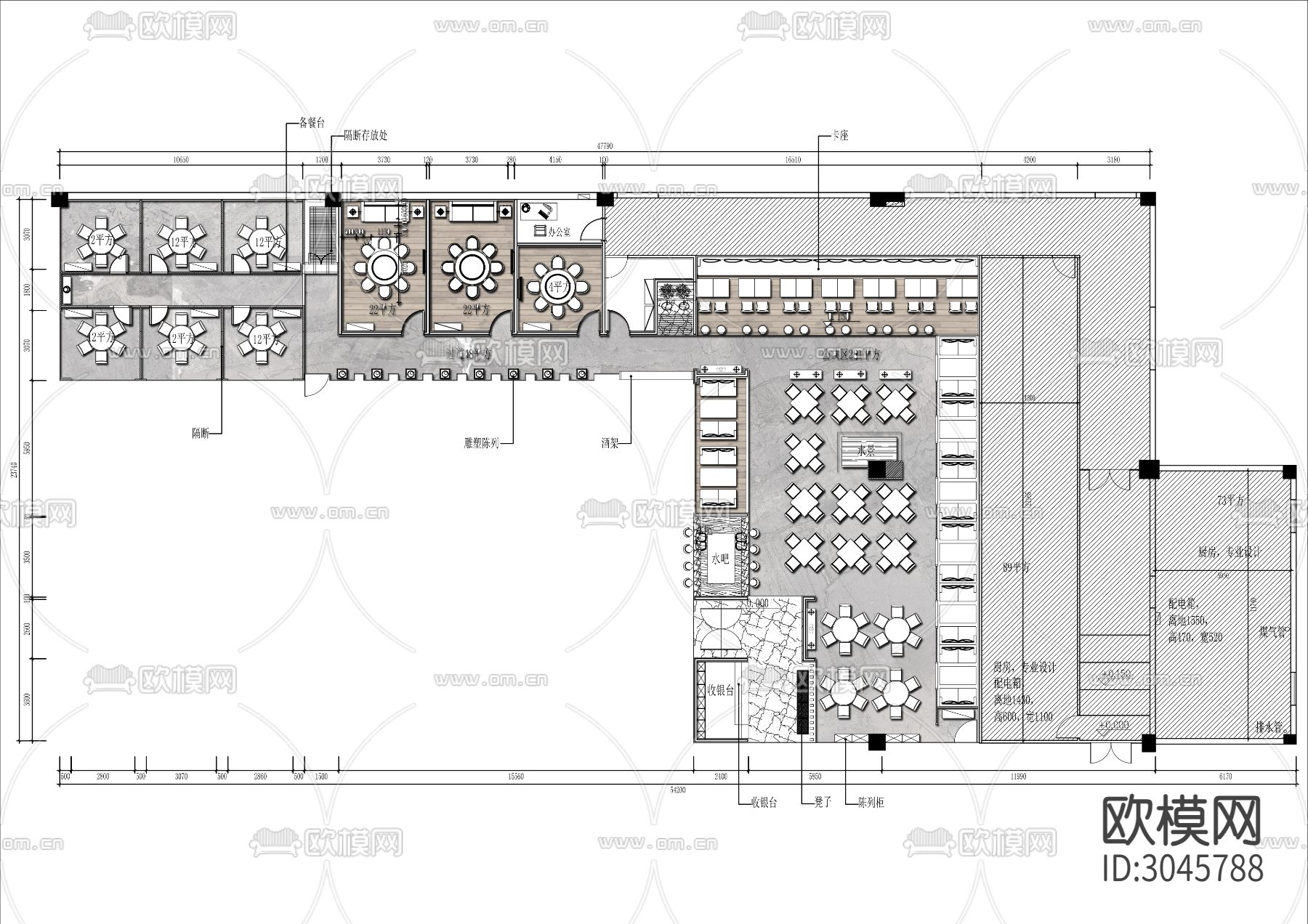 700㎡景观餐厅cad平面图下载（渲染图1）