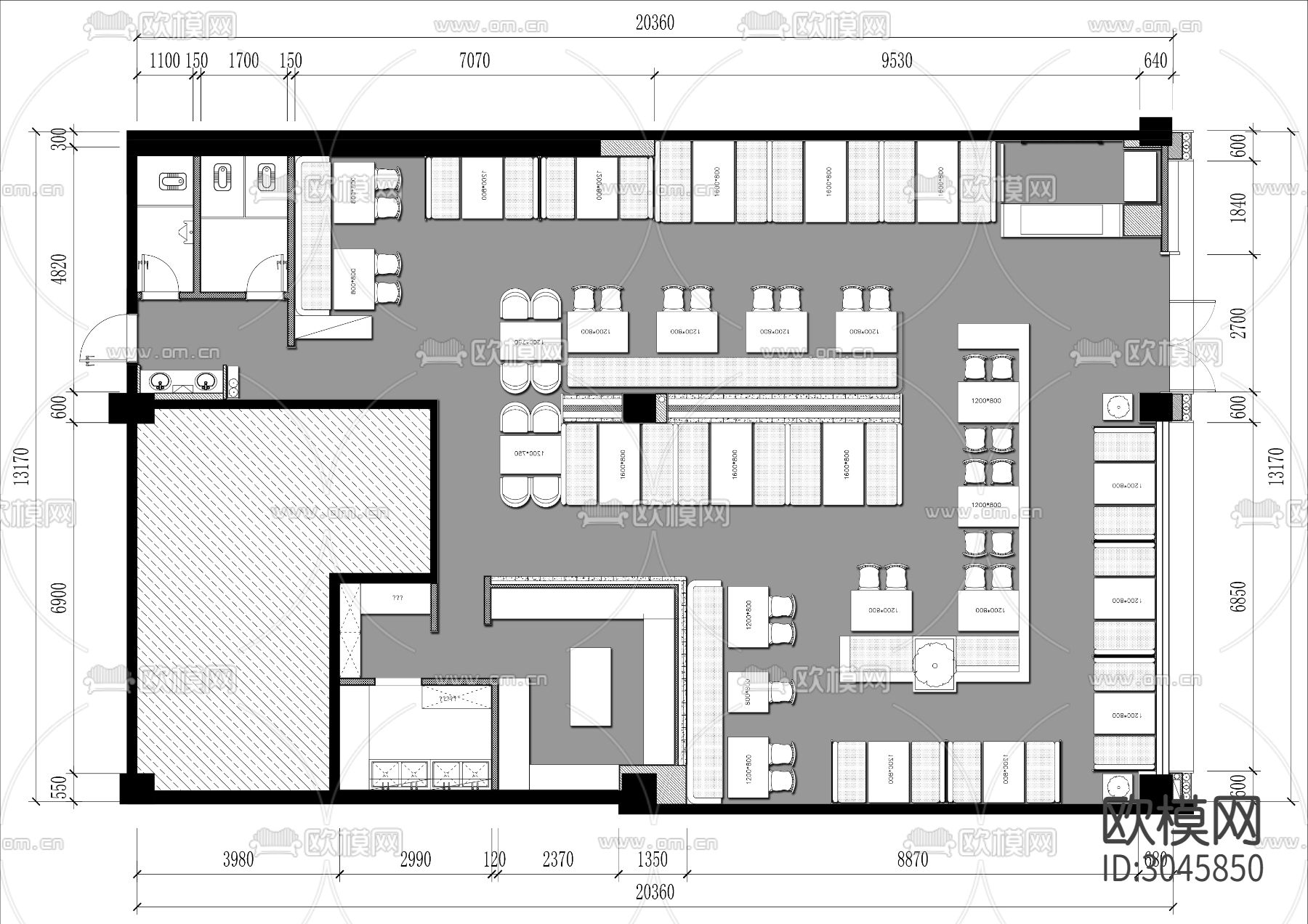 260㎡广州餐厅cad平面图下载