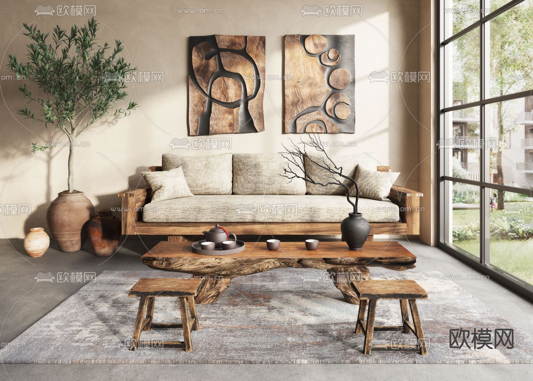 中古风组合沙发su模型下载（渲染图2）