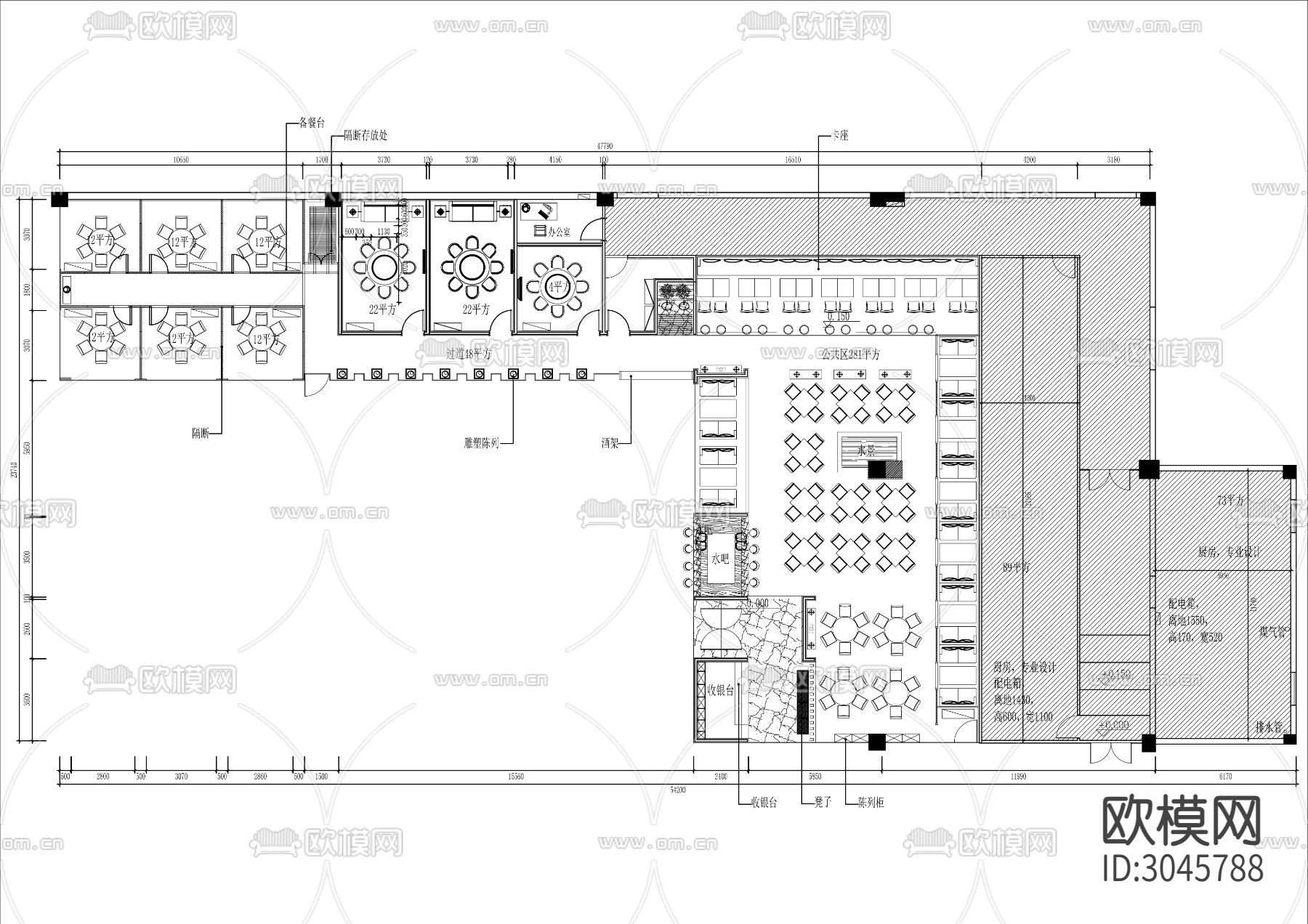 700㎡景观餐厅cad平面图下载（渲染图2）