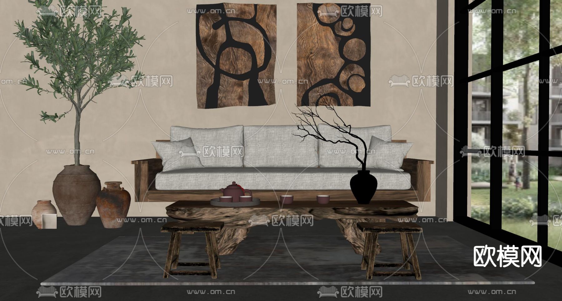 中古风组合沙发su模型下载（渲染图1）