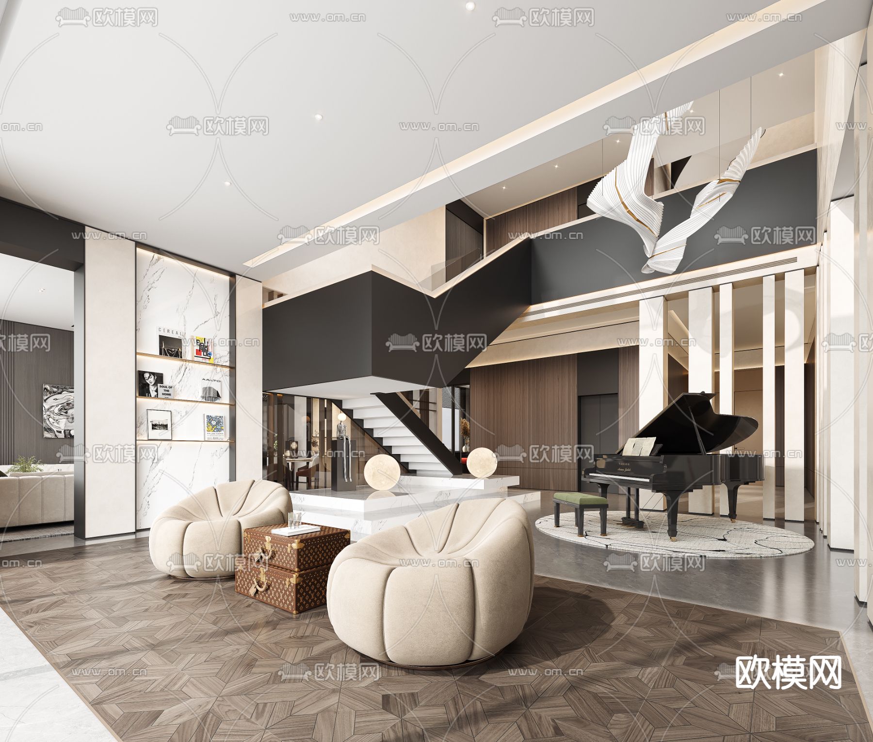 别墅客厅 别墅中空3d模型下载（渲染图1）