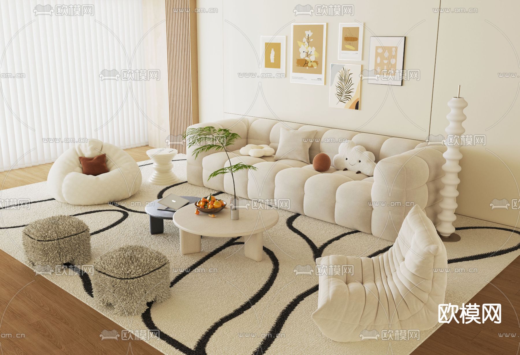 奶油风组合沙发3d模型下载