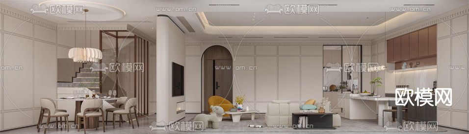 现代客厅 餐厅3d模型下载