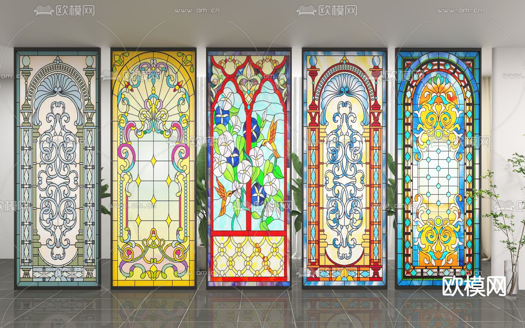 法式玻璃屏风 彩绘隔断3d模型下载