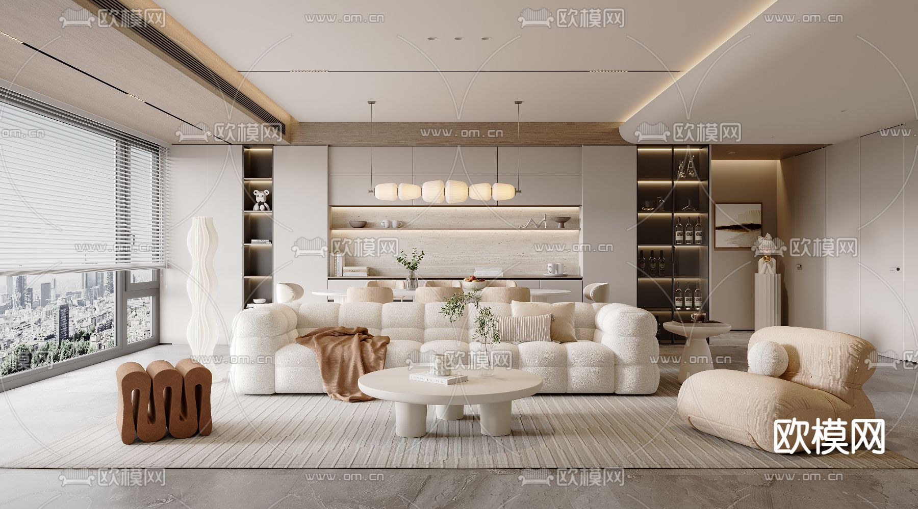 奶油风客厅 餐厅3d模型下载