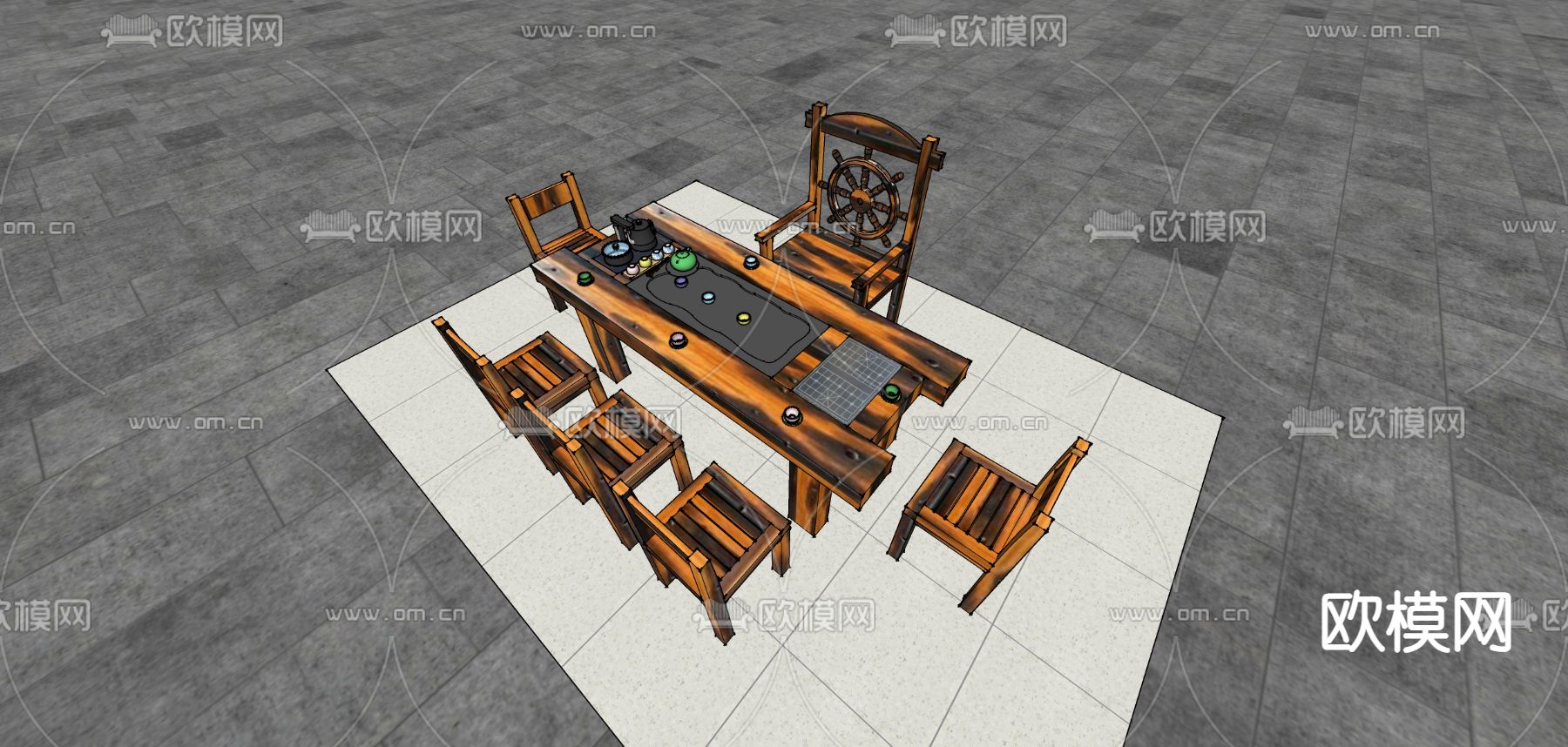 中式茶桌 茶台su模型下载（渲染图1）