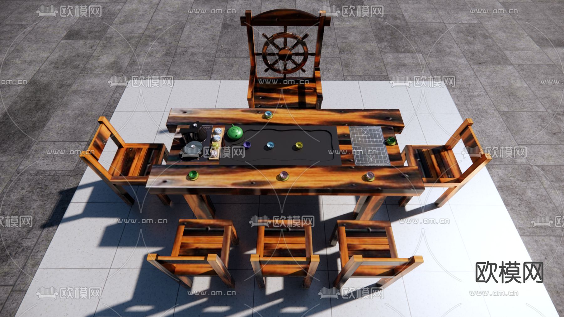 中式茶桌 茶台su模型下载（渲染图2）
