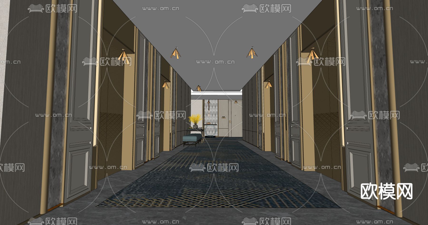 酒店玄关过道 客房通道su模型下载（渲染图1）