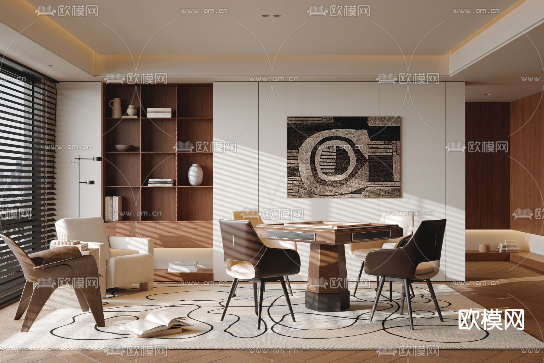 侘寂棋牌室 麻将房3d模型下载（渲染图1）