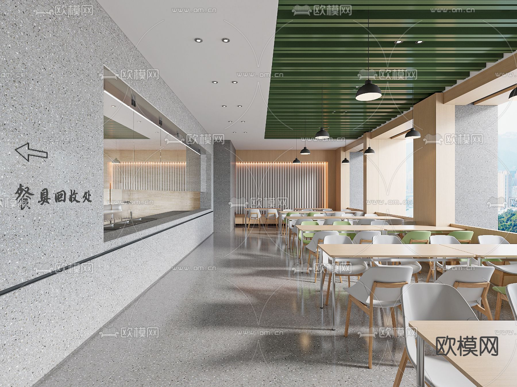 现代员工餐厅su模型下载（渲染图2）