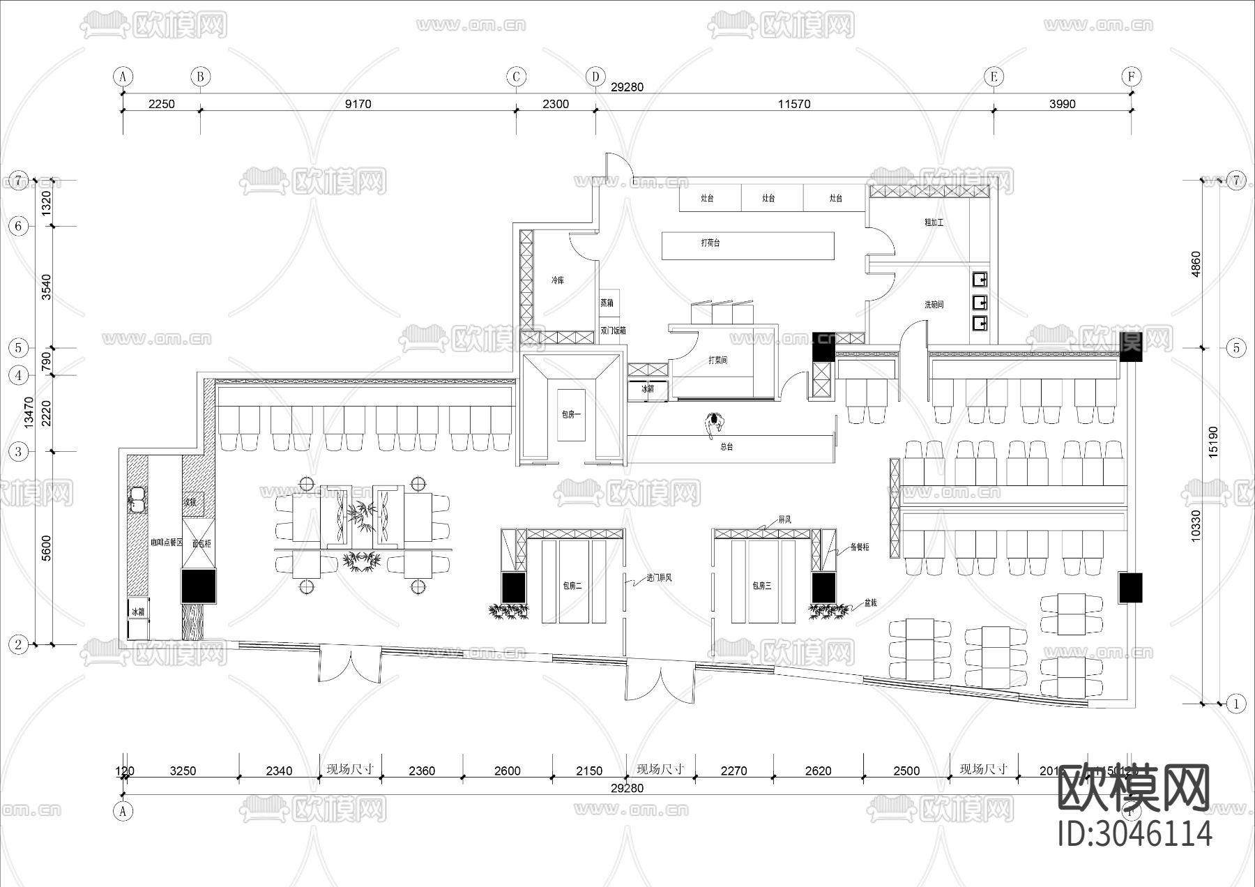 350㎡餐厅cad平面图下载（渲染图2）