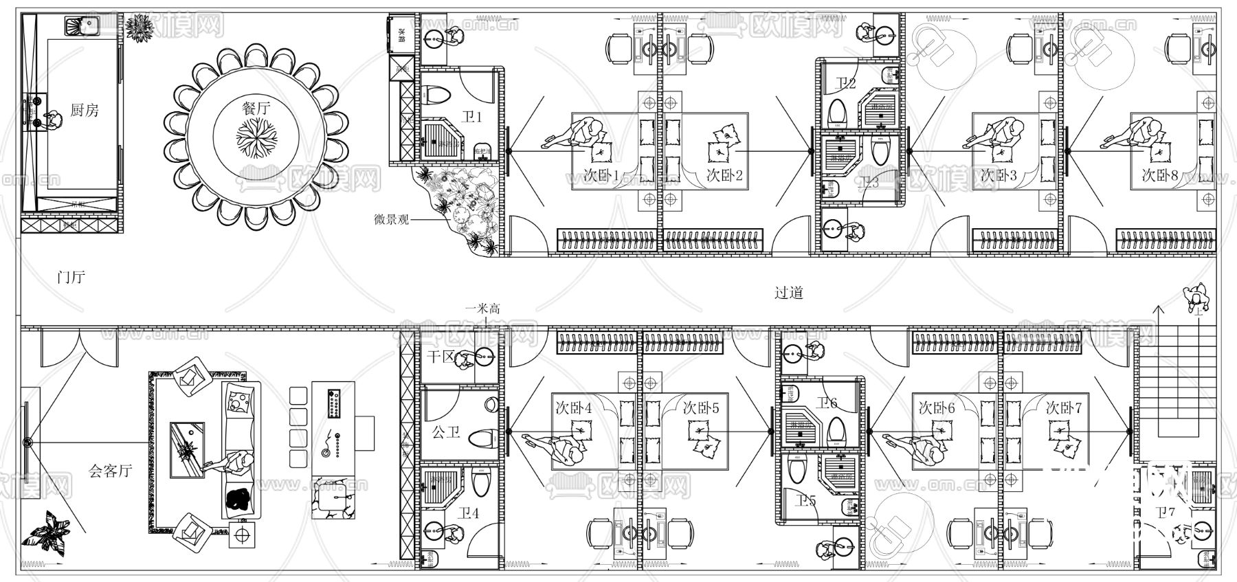 厂区宿舍楼cad平面图下载（渲染图1）