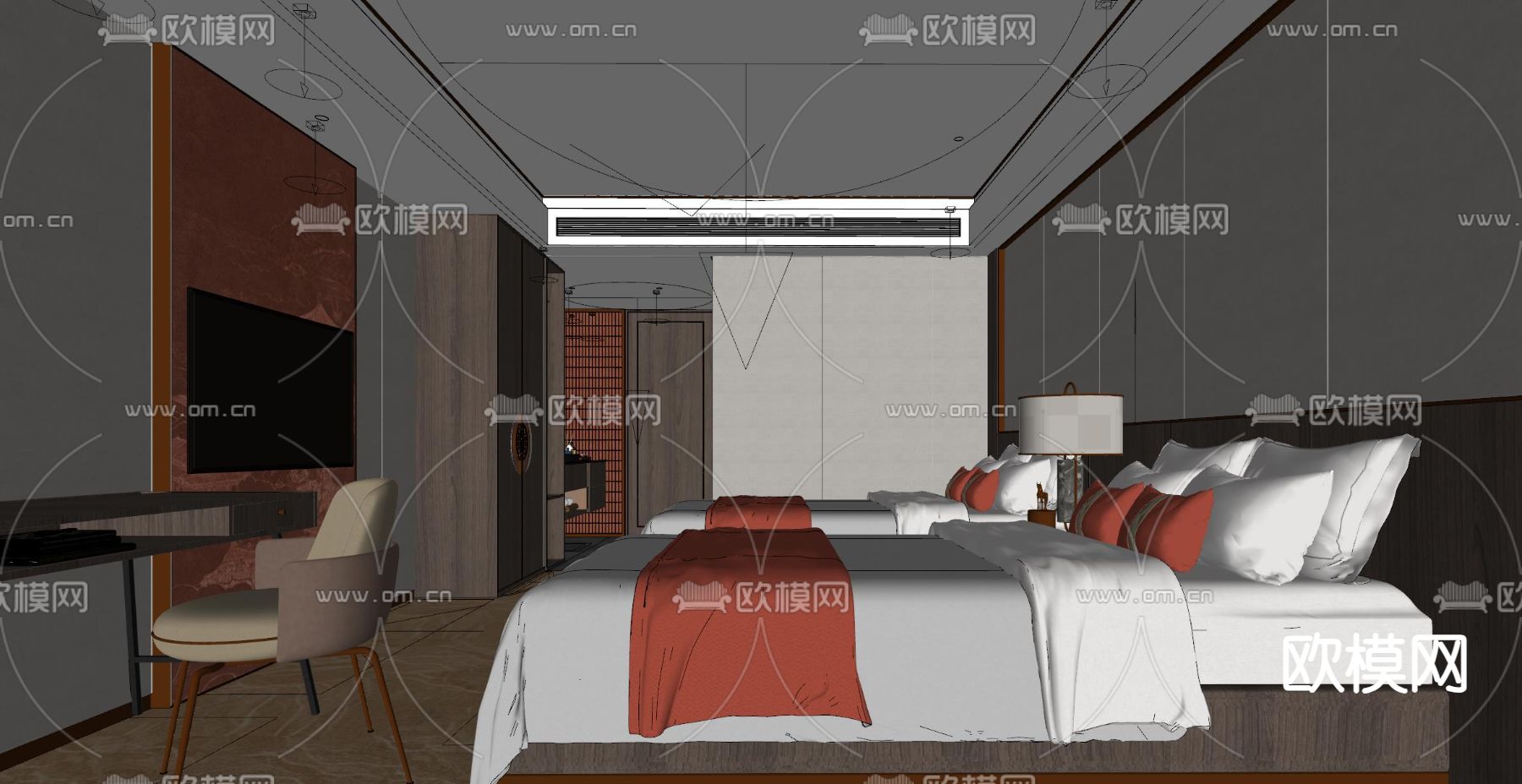 新中式酒店客房su模型下载（渲染图2）