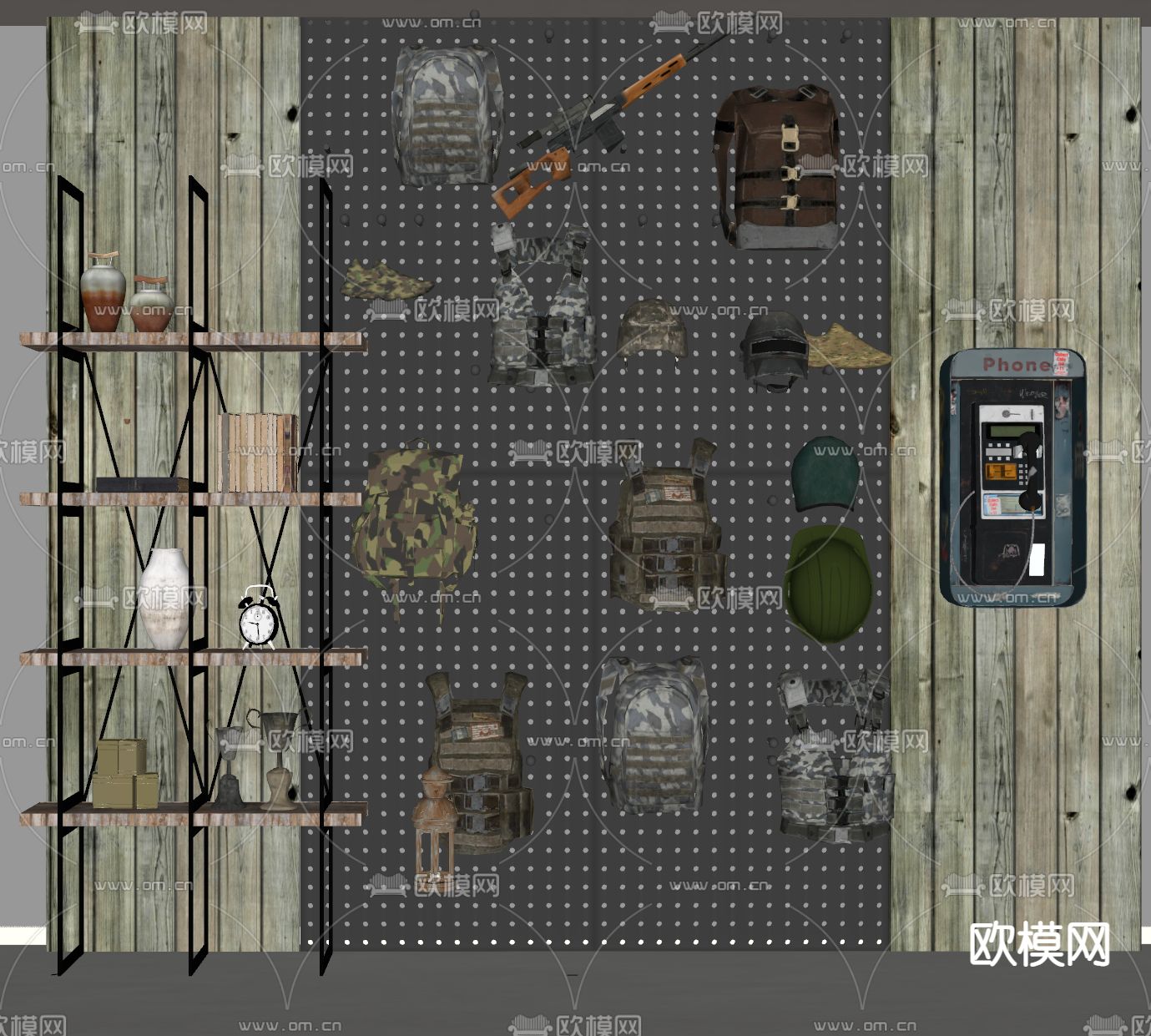 现代洞洞板饰品 防弹衣 防爆服su模型下载（渲染图1）