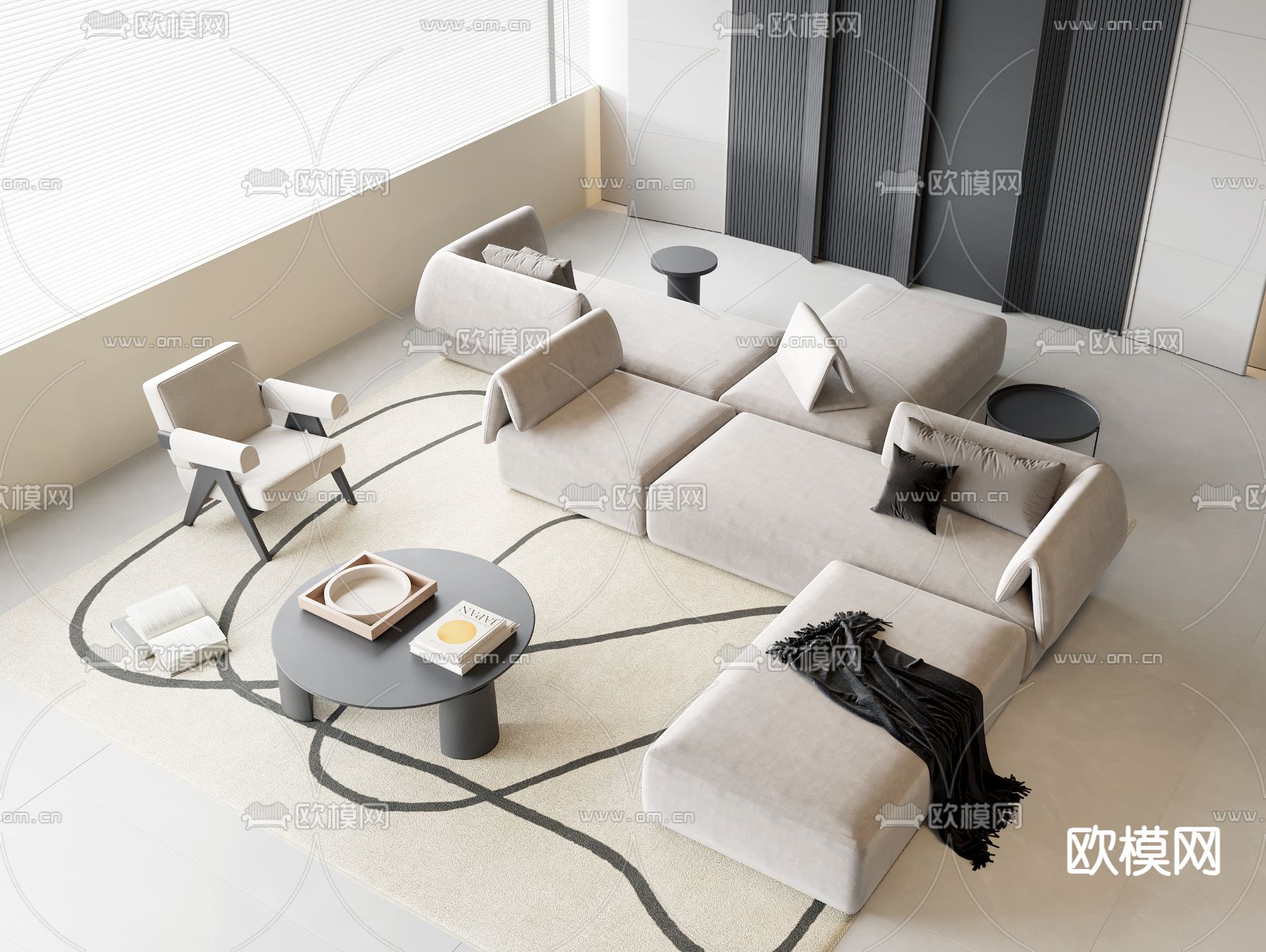 奶油风组合沙发su模型下载（渲染图2）
