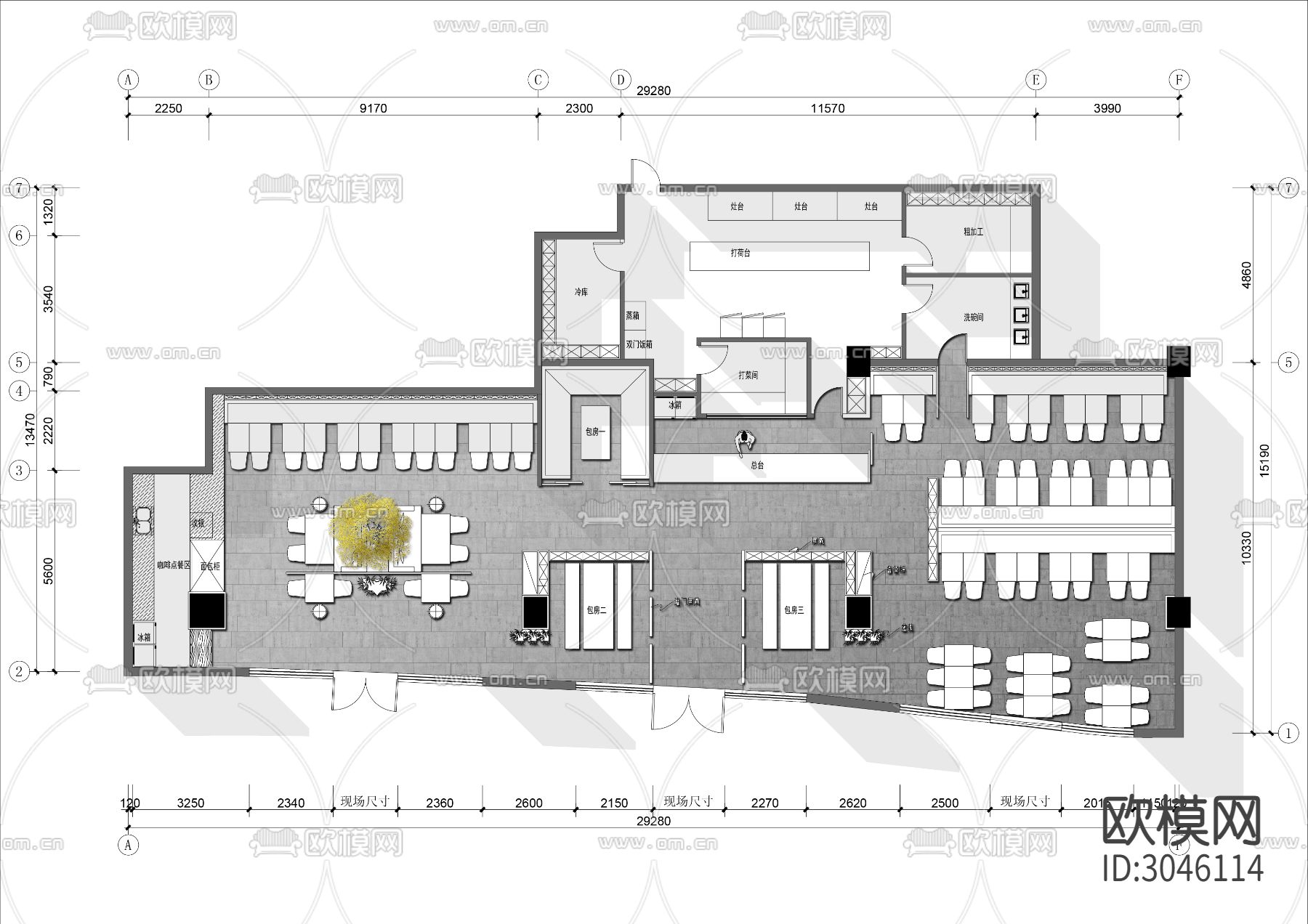 350㎡餐厅cad平面图下载（渲染图1）