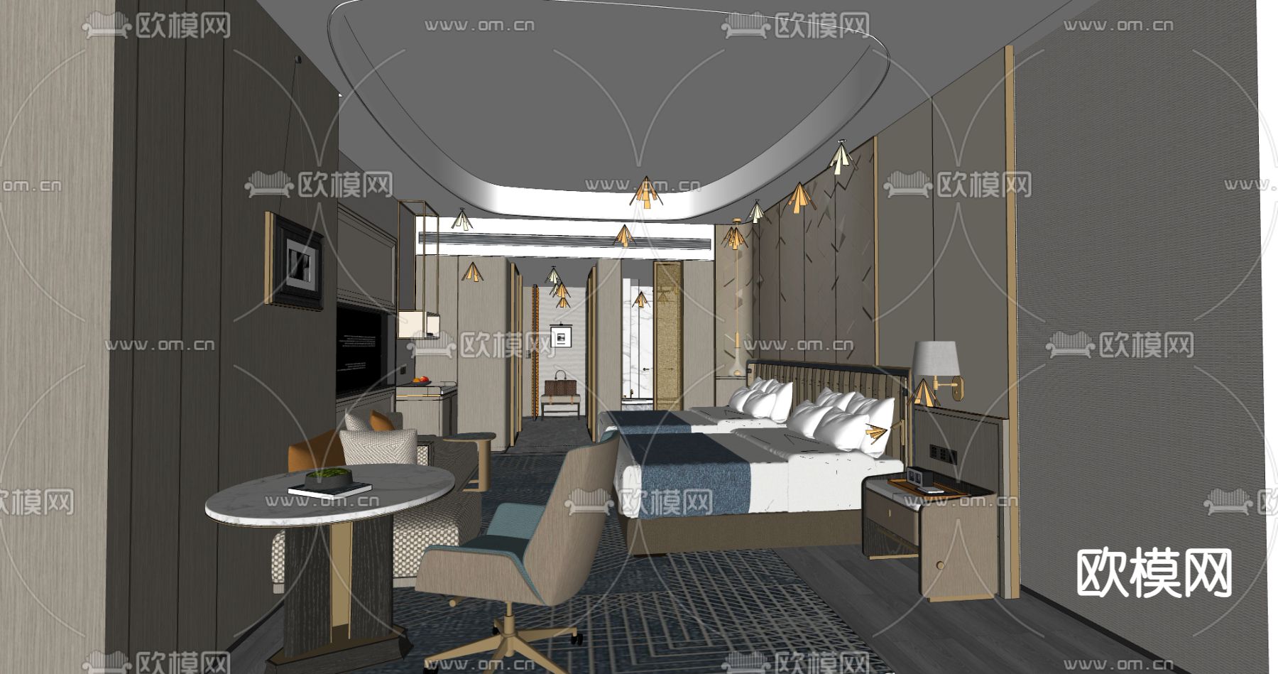 现代酒店客房su模型下载（渲染图1）