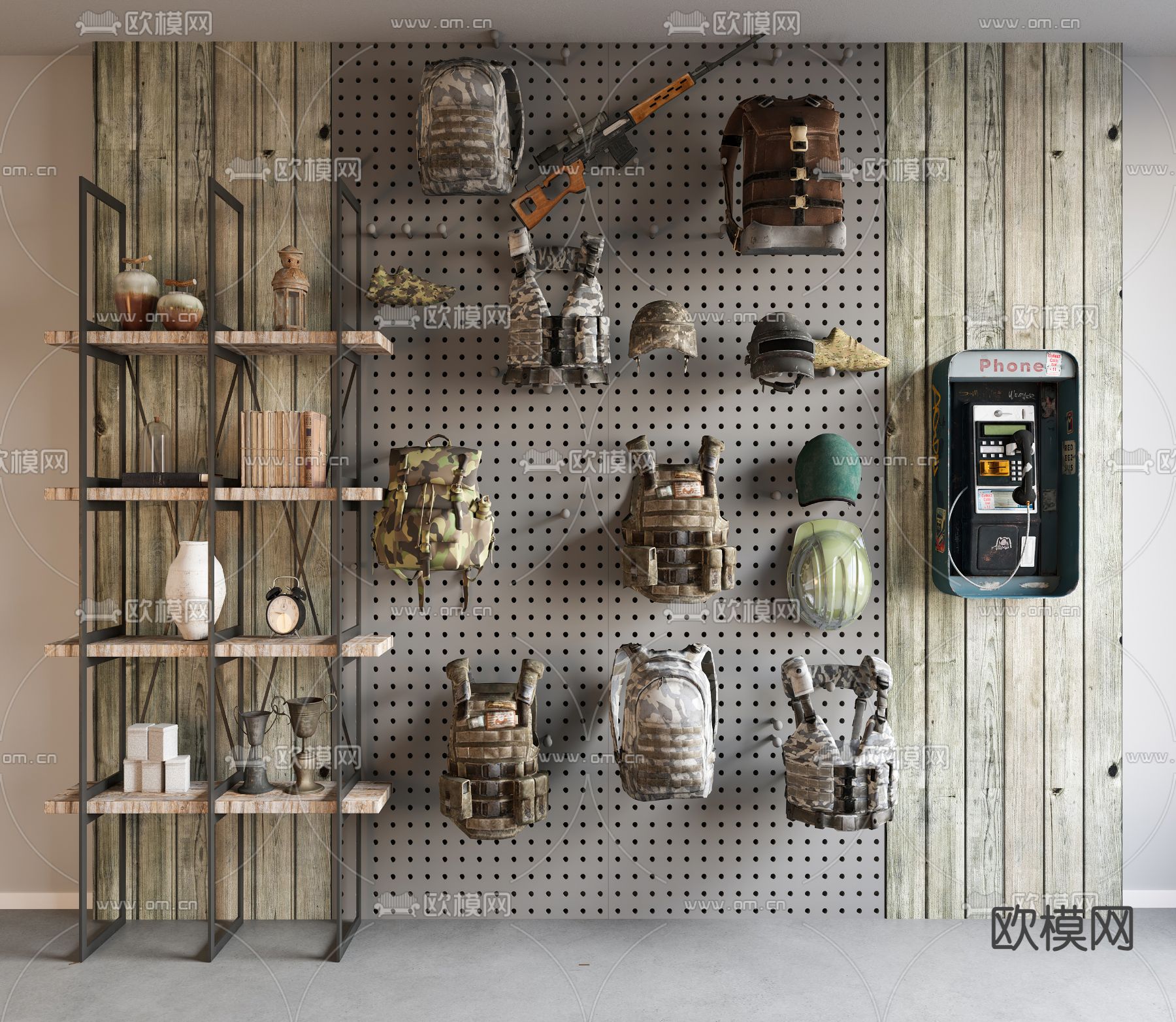 现代洞洞板饰品 防弹衣 防爆服su模型下载（渲染图2）