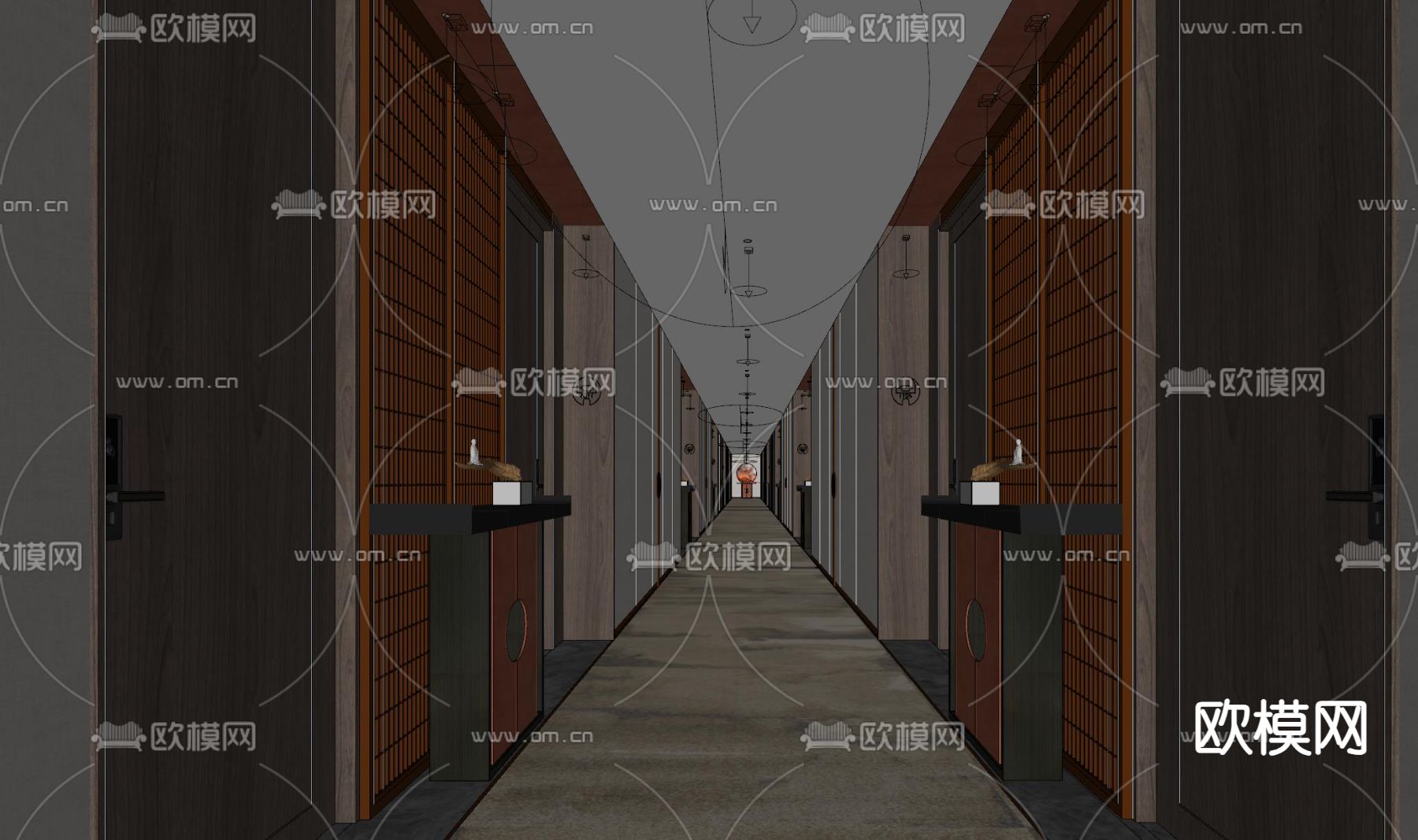 新中式酒店玄关过道su模型下载（渲染图1）